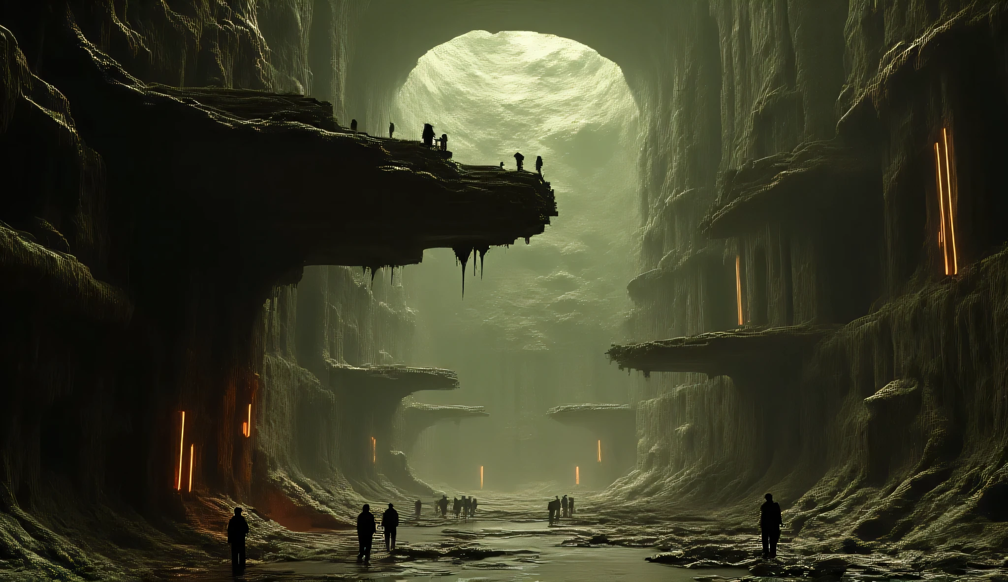 A post-apocalyptic underground city, built to shelter humanity after a devastating disaster rendered the surface uninhabitable. The atmosphere is both haunting and mesmerizing, blending despair and resilience. The setting is illuminated by bioluminescent fungi and artificial neon lights, casting eerie glows on massive steel and stone structures. Gigantic caverns house a labyrinth of interconnected tunnels, with suspended walkways and platforms crisscrossing the void. The architecture is a mix of futuristic technology and repurposed industrial remnants, with towering columns supporting the weight of the collapsed surface above. People move about in survival gear, their faces etched with determination, while autonomous drones and robots maintain essential systems. The air is thick with moisture and the hum of machinery, as humanity struggles to adapt and thrive in this harsh yet innovative environment.