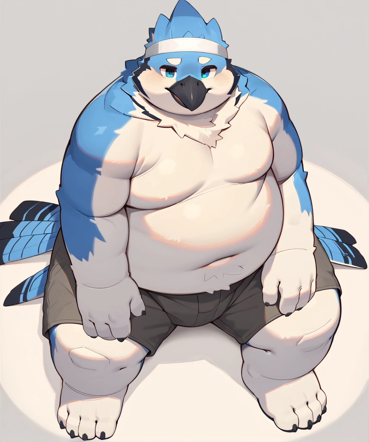 (((detailed eyes, detailed face))), (anthro, revali <lora:character_RevaliFRL27nO:1>, avian), male, (plump), (white briefs <lora:bulge_brief_cum_findigo_v3:1>, cameltoe <lora:cameltoe:0.2>, topless), sitting, arms behind back, smile, (konzaburou, ukan_muri, cute), bedroom, (soft shading), 8k, UHD, masterpiece