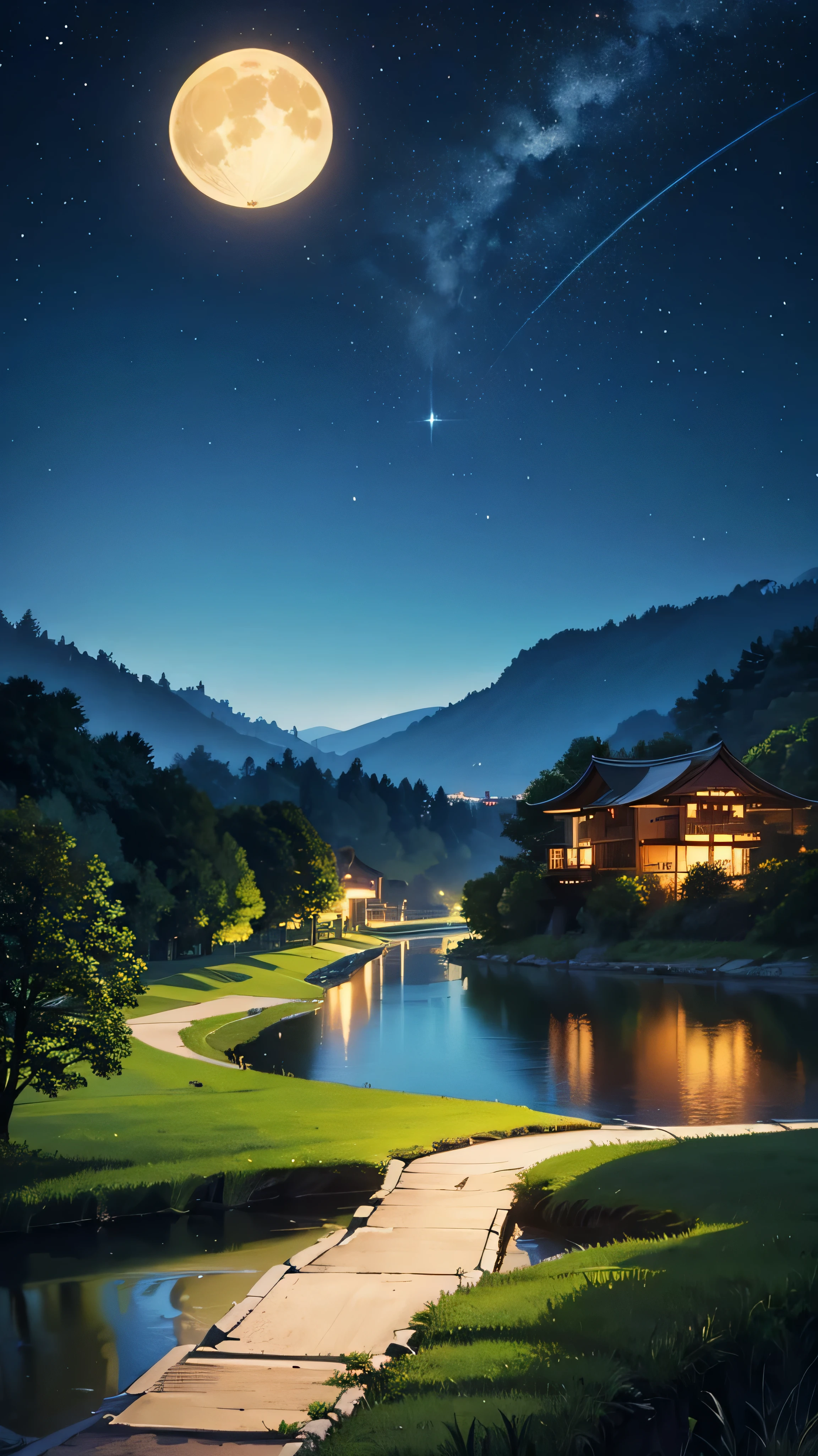 Asian night scene with house, Vietnam, Vietnam, Hazan, moon, Lake in the foreground, Quiet Night, Green and Blue, digital illustration , 4K Highly Detailed Digital Art, night view, Anime Art Wallpaper 4k, anime art wallpaper 4k , 4K Detailed Digital Art, Natural landscape at night , anime art wallpaper 8k , Background artwork, BEAUTIFUL 4K ART , 4k hd illustrative wallpaper