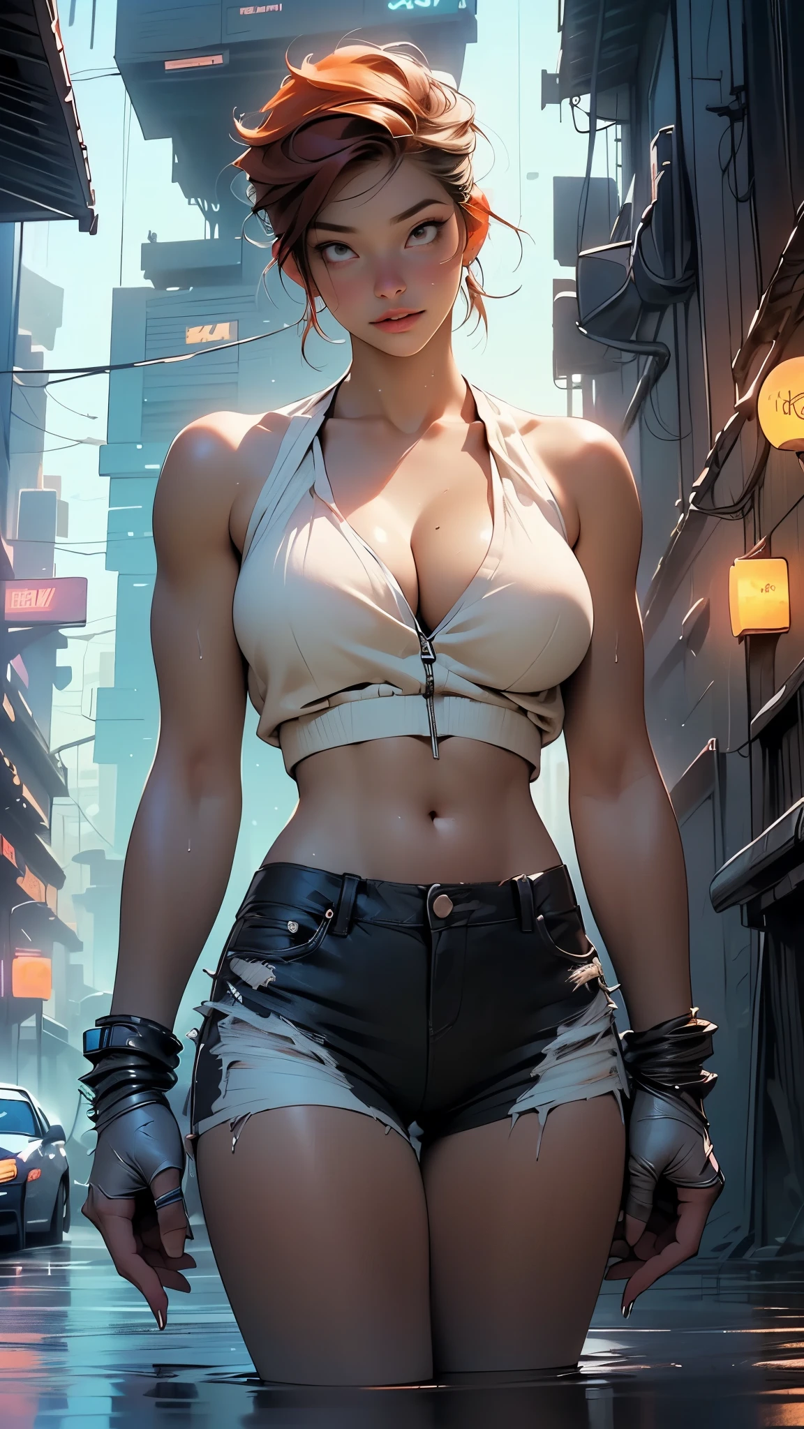 thick thighs, short bowl cut, high school student, daisy dukes, topless, armpits, sideboob, large breasts, strong back light, soft atmospheric light, soft fill light, wide aperture lens, frustrated, f/1.8, bokeh, from below, from side, anatomically correct, Wide-Angle