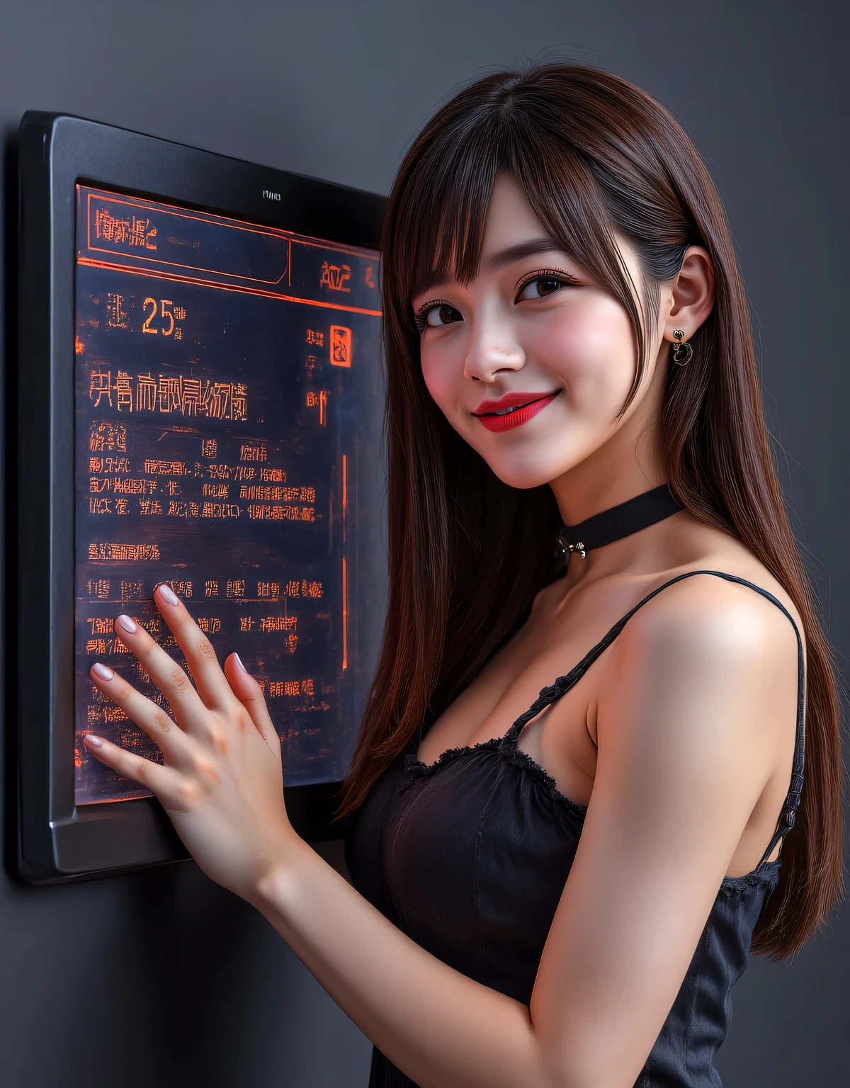 ((live-action)),((( best quality ))),((Character making screen)), pc game status screen, Front view、 Backgrounds Are Grey 、 long brown hair , Straight Hair, red lips, Japanese idol , bangs, smile, random poses while urinating,Cute girl, slender woman , black choker 、Big Breasts、ui、Show lots of detailed information in the margins、In the title「name : Kanae Nakamura (25)」show、Display large amounts of data in Japanese