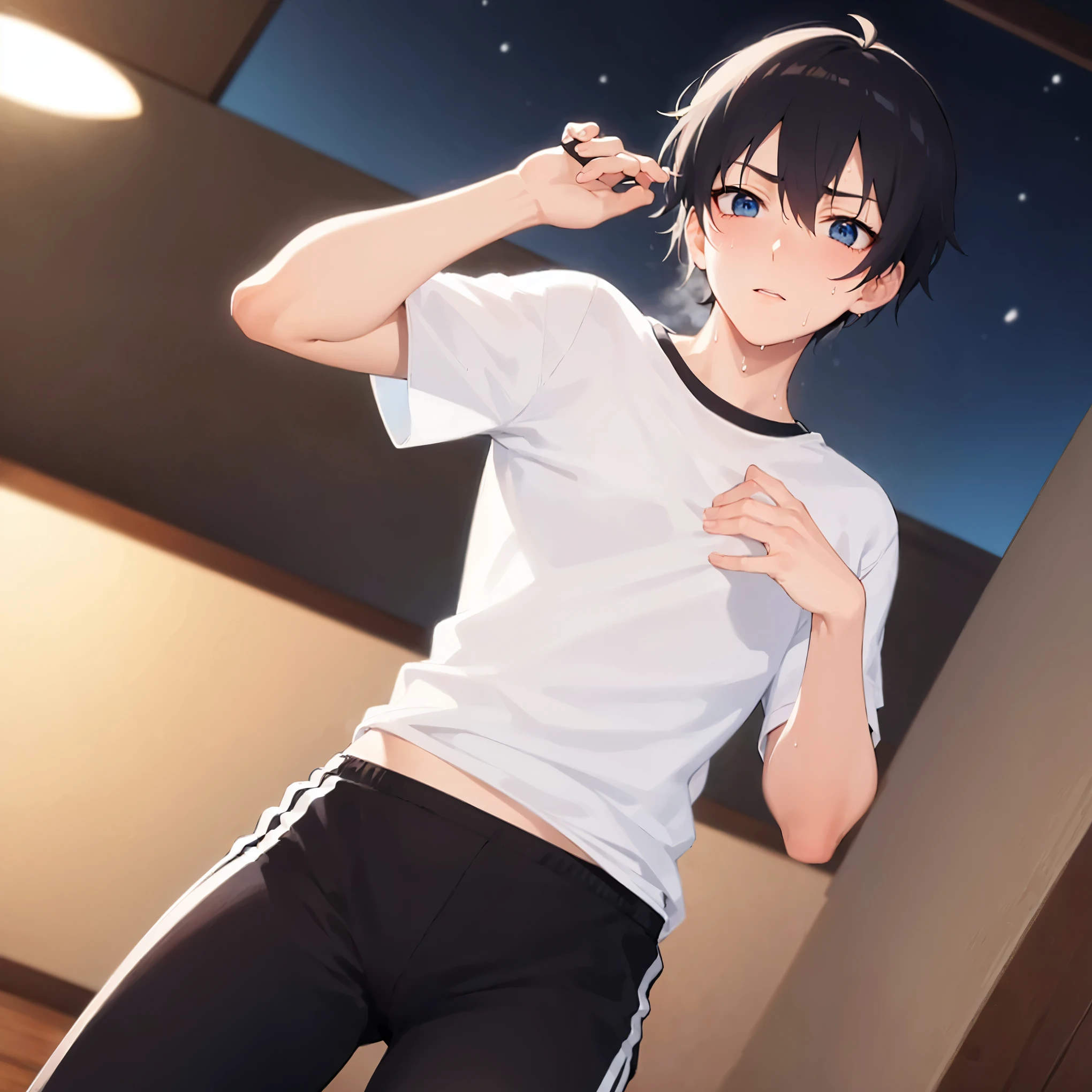 masterpiece, best quality, high quality, 1boy,, kid, male focus, full body, looking at viewer, brown hair,spiky hairstyle, short hair, steam smork, japan style, anime coloring, shy, home muji style, detailed face, topless, white towel on waist, pose boxing fighter