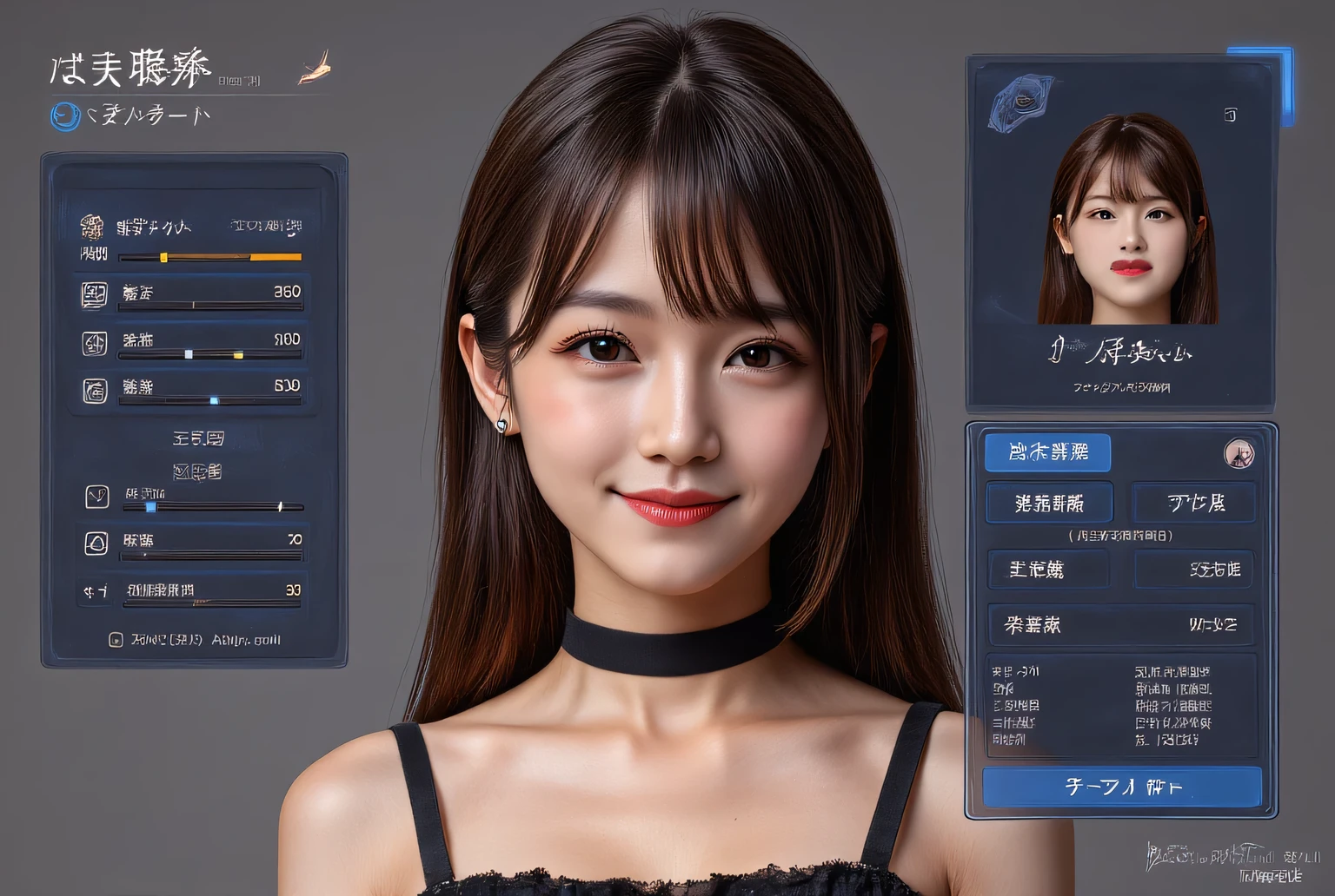 ((live-action)),((( best quality ))),((Character making screen)), Game character settings screen, photograph、 Backgrounds Are Grey 、 long brown hair , Straight Hair, red lips, Japanese idol , bangs, smile, pose,Cute display characters , slender woman , black choker 、Big Breasts、ui、In the title「name : Kanae Nakamura (25)」show、Display large amounts of data in Japanese、 user interface 、slider show 、 button to change ability values show 、Show in blue text 、 female character ability show