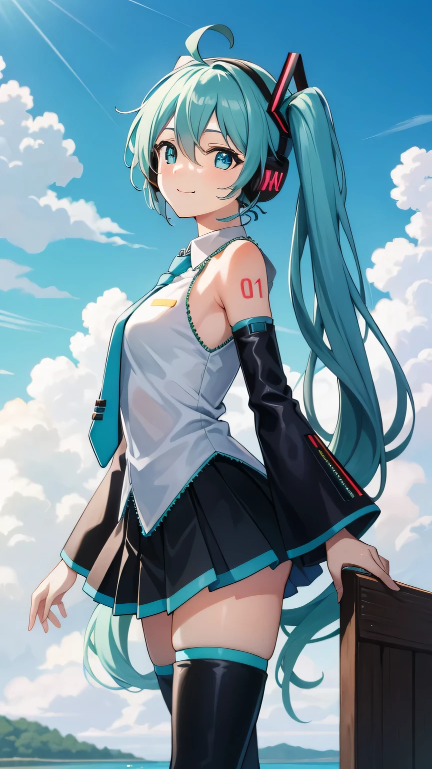 {{{masterpiece}}}, (best quality:1.5), (ultra-detailed:1.5), {illustration}, {{an extremely delicate and beautiful}}, (beautiful detailed eyes:1.6), absurdres, highres, extremely detailed face, 16k, hd, visual anime de uma jovem mulher, extremamente bonito rosto de anime, anime melhor garota, (perfect hands, perfect anatomy), anime face, hatsunemiku(Vocaloid), miku hatsune, 1girl, solo, cute face, ahoge, aqua hair, crossed bangs, hair between eyes, hair ornament, very long hair, twintails, sidelocks, headphones, aqua eyes, (High resolution eyes, Beautiful eyes, Light in the eyes), medium breasts, big hips, curvaceous, BREAK, (shiny clothes:1.2), sleeveless shirt, collared shirt, grey shirt, tuck out shirt, black sleeves, detached sleeves, aqua necktie, tie clip, black skirt, mini skirt, pleated skirt, wallet code, black footwear, (thigh boots:1.2), thighs, zettai ryouiki, BREAK, cute face, smiling, standing, outdoor, sky, daytime, public park, sun, lake, look the sky, look up, (bust shot:1.3), from side, from below