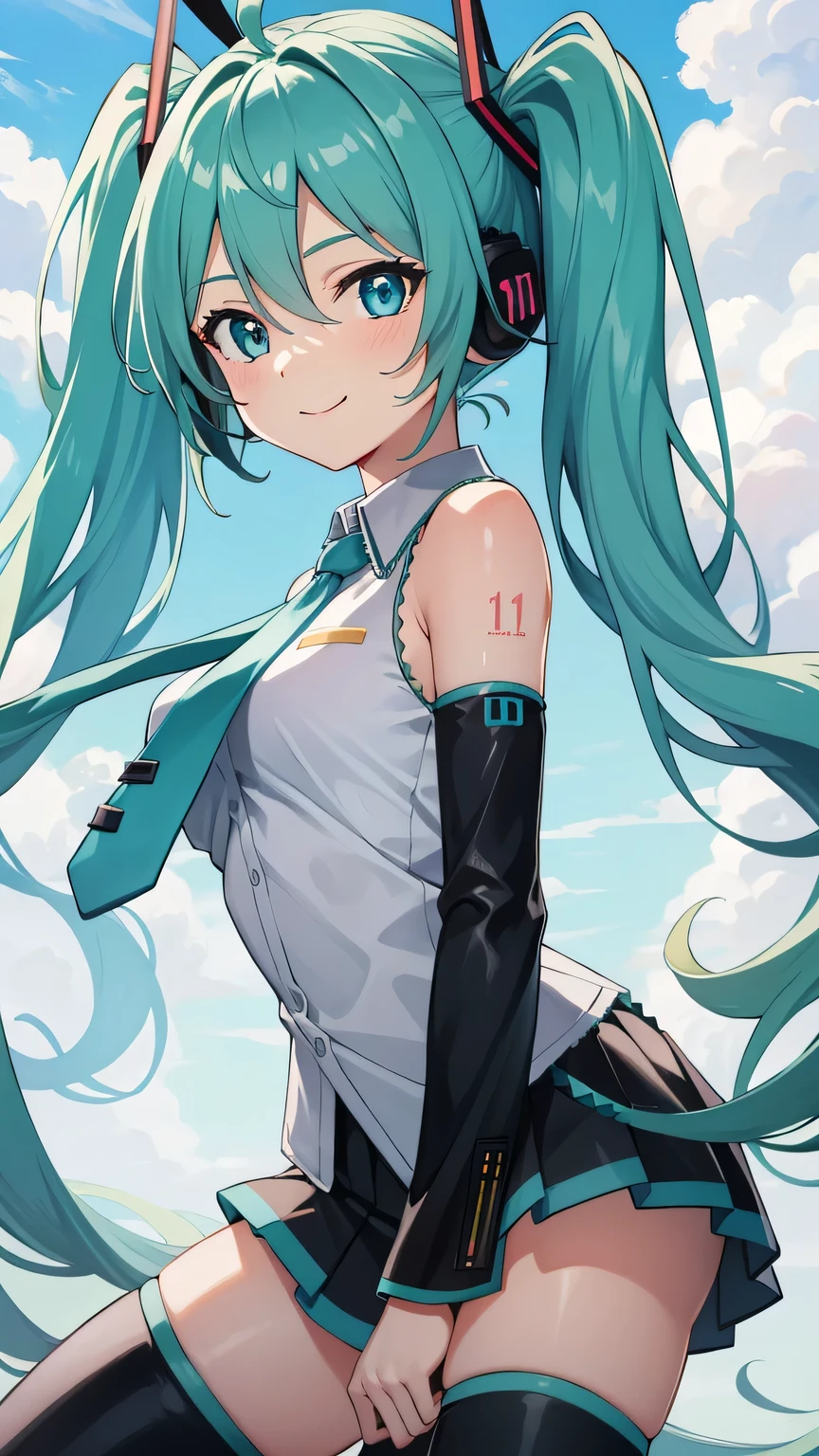 {{{masterpiece}}}, (best quality:1.5), (ultra-detailed:1.5), {illustration}, {{an extremely delicate and beautiful}}, (beautiful detailed eyes:1.6), absurdres, highres, extremely detailed face, 16k, hd, visual anime de uma jovem mulher, extremamente bonito rosto de anime, anime melhor garota, (perfect hands, perfect anatomy), anime face, hatsunemiku(Vocaloid), miku hatsune, 1girl, solo, cute face, ahoge, aqua hair, crossed bangs, hair between eyes, hair ornament, very long hair, twintails, sidelocks, headphones, aqua eyes, (High resolution eyes, Beautiful eyes, Light in the eyes), medium breasts, big hips, curvaceous, BREAK, (shiny clothes:1.2), sleeveless shirt, collared shirt, grey shirt, tuck out shirt, black sleeves, detached sleeves, aqua necktie, tie clip, black skirt, mini skirt, pleated skirt, strap, black footwear, (thigh boots:1.2), thighs, zettai ryouiki, BREAK, 1 girl, solo, smile, beautiful anime girl, beautiful art style, close up of breasts, Looking at Viewer, perfect body, outdoor, sky, daytime, public park, sun