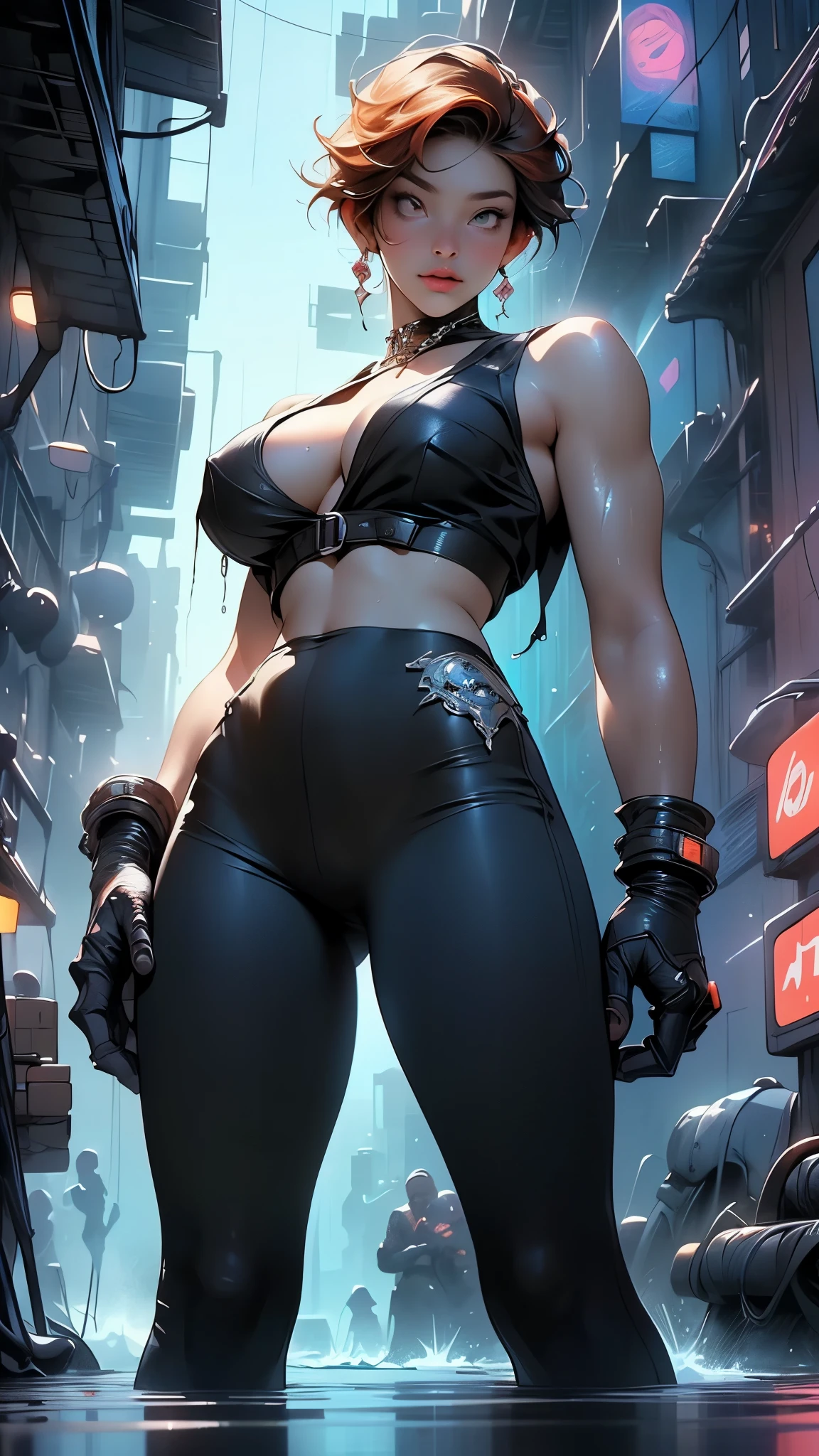 mechanical girl,(1girl:1.3),((1 black girl with extremely cute and beautiful red hair)),((((black race)))),
(big breasts: 1.4),sagging breasts,(((short red hair: 1.35,cropped,redhead,very short hair))),((heterochromia:1.5, (orange_eye and red_eye))),intricate eyes,beautiful detailed eyes,symmetrical eyes,(fat),((((tan,dark skin,black skin:1.35,dark-skinned_female,dark skin:1.3,ebony skin,lustrous skin:1.5,bright skin: 1.5,shiny skin,very shiny skin,shiny body,illuminated skin,wet legs)))),(spider lower abdomen,narrow waist,wide hip ,athletic body,inflated legs,detailed body,(detailed face)),((muscle legs)),((muscular thighs)),((muscular girl)),((strong and muscular,bodybuilder,strong body,muscular,feminine and muscular)),((ABS)),(huge stature,tall stature,very tall girl),
cute,slutty,sensual,seductive look,seductive,erotic,((nsfw)),
(fitted overalls:1.3,suit unbuttoned),((mechanical tools on his clothing,cyberpunk clothes)),(((huge cleavage))),((wet clothes,intricate outfit,intricate clothes)),
(dynamic pose:1.0),embarrassed,(centered,scale to fit dimensions,Rule of thirds),
cyberpunk city by the ocean at night, with bright neon signs and dark stormy clouds and puddles, scenery:1.25,nighttime, starry night, cosmos,Very dark night that makes the neon lights stand out, very bright neon lights,nighttime, starry night, cosmos,
artistic photography,(photography taken by sldr),highres, sharp focus,(ultra detailed, extremely detailed), (photorealistic artwork:1.37),(extremely detailed CG unity 8k wallpaper),((synthwave background theme)),(((vibrant colors))),intricate,(intricate background),(masterpiece),(best quality),perfect rendered face,perfect face details,realistic face,photo realistic,analog style,((intricate detail)),(((realism))),