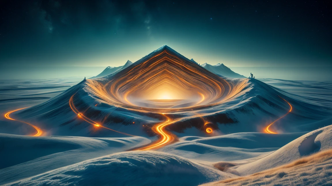 a colorful swirling vortex of vibrant hues, dynamic motion, frozen tundra landscape, intense heat, ultra detailed, hyper realistic, cinematic lighting, volumetric fog, dramatic chiaroscuro, vibrant color palette, intricate details, mesmerizing energy, otherworldly environment, dreamlike surrealism, studio quality, photorealistic