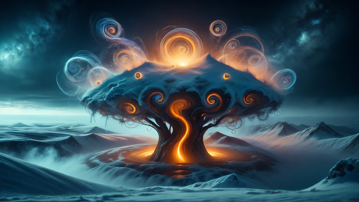 a colorful swirling vortex of vibrant hues, dynamic motion, frozen tundra landscape, intense heat, ultra detailed, hyper realistic, cinematic lighting, volumetric fog, dramatic chiaroscuro, vibrant color palette, intricate details, mesmerizing energy, otherworldly environment, dreamlike surrealism, studio quality, photorealistic