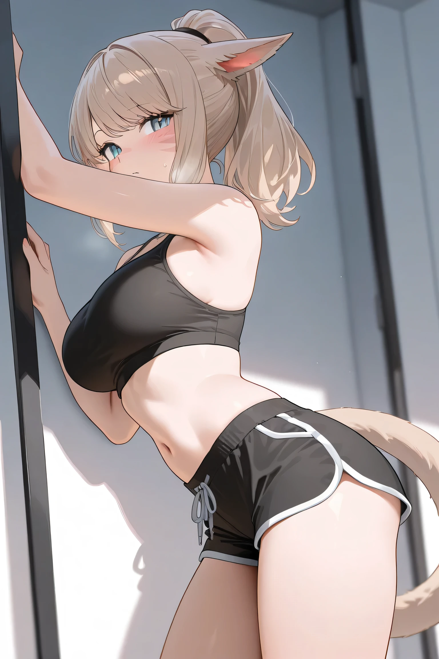 (blush),(beautiful lights and shadows),(ultra detail fur),(tuffs of fur),(furry:1.2),(focus on tail),(Japanese gym shorts),(sports bra),(anthro)