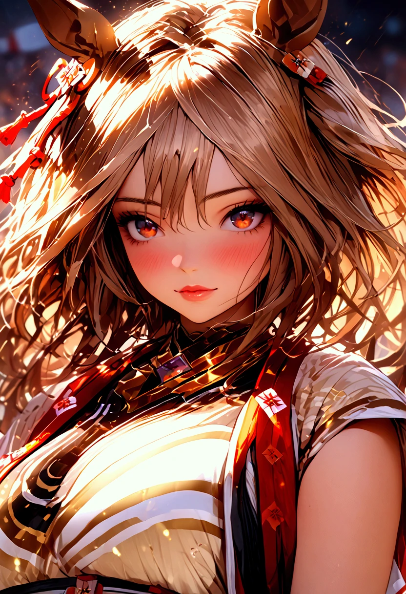 Female warrior, fierce fighting posture, shy eyes, big breasts with areola and navel exposed, a hint of pink on the top of her head, well-developed muscles, wearing a white kimono with high slits, with the effect of being worn, full body portrait, the length of the kimono is adjusted to thigh length, the length of the kimono The slits are trimmed with tassels or other accessories. Fall backwards on the floor, spread your legs subtly, and show a pained expression