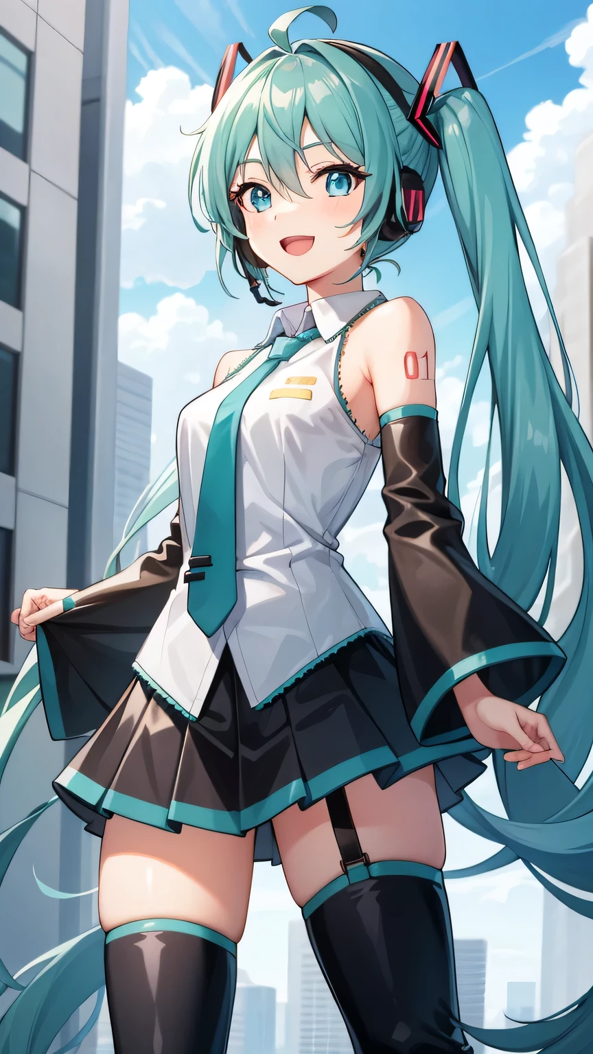 {{{masterpiece}}}, (best quality:1.5), (ultra-detailed:1.5), {illustration}, {{an extremely delicate and beautiful}}, (beautiful detailed eyes:1.6), absurdres, highres, extremely detailed face, 16k, hd, visual anime de uma jovem mulher, extremamente bonito rosto de anime, anime melhor garota, (perfect hands, perfect anatomy), anime face, hatsunemiku(Vocaloid), miku hatsune, 1girl, solo, cute face, ahoge, aqua hair, crossed bangs, hair between eyes, hair ornament, very long hair, twintails, sidelocks, headphones, aqua eyes, (High resolution eyes, Beautiful eyes, Light in the eyes), medium breasts, big hips, curvaceous, BREAK, (shiny clothes:1.2), sleeveless shirt, collared shirt, grey shirt, tuck out shirt, black sleeves, detached sleeves, aqua necktie, tie clip, black skirt, mini skirt, pleated skirt, strap, black footwear, (thigh boots:1.2), thighs, zettai ryouiki, BREAK, BREAK, open mouth, smiling, flushed cheeks, walking, looking at viewer, outdoor, city, building, sky, daytime, cowboy shot