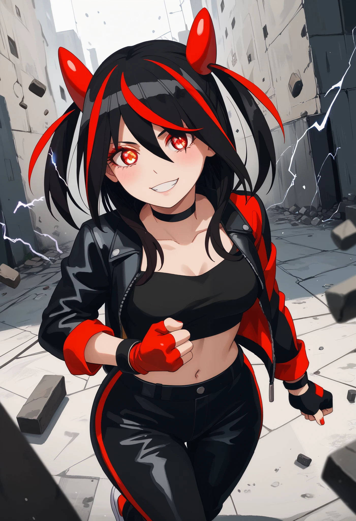 Score_9, Score_8_up, Score_7_up, bright skin: 0.1, anime_source, deep skin, high quality, high resolution, (curvy), ((wide hips)), medium breasts, cute, sexy, 1 girl, BREAK HaneruEmi, HaneruEmi, long hair, black hair, red highlights, red eyeshadow, red eyes, spiky hair, hair between eyes, side locks, black crop top, open jacket, black leather jacket, horns, choker, gold bracelet, black leather pants, red gloves, fingerless gloves, red footwear, white footwear, two-tone sneakers, black stockings, abdomen, smile, incoming attack, incoming punch, clenched hand, glowing eyes, electricity, motion lines, dynamic pose,
concrete, abstract background, light particles, dust,