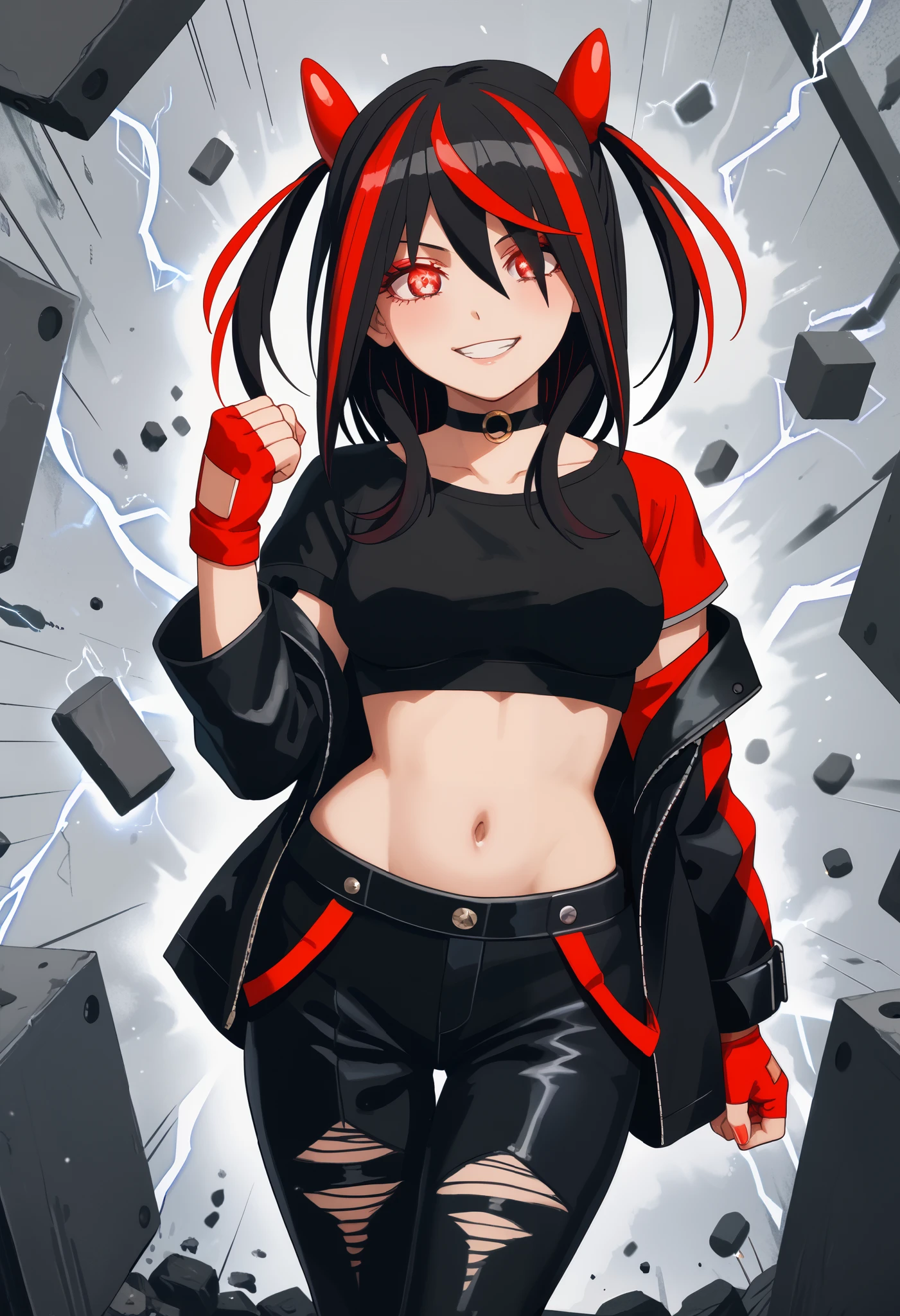 Score_9, Score_8_up, Score_7_up, bright skin: 0.1, anime_source, deep skin, high quality, high resolution, (curvy), ((wide hips)), medium breasts, cute, sexy, 1 girl, BREAK HaneruEmi, HaneruEmi, long hair, black hair, red highlights, red eyeshadow, red eyes, spiky hair, hair between eyes, side locks, black crop top, open jacket, black leather jacket, horns, choker, gold bracelet, black leather pants, red gloves, fingerless gloves, red footwear, white footwear, two-tone sneakers, black stockings, abdomen, smile, incoming attack, incoming punch, clenched hand, glowing eyes, electricity, motion lines, dynamic pose,
concrete, abstract background, light particles, dust,