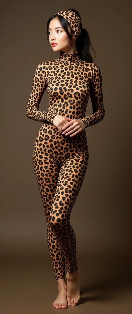 the beautiful,slender thin and prettiest Malaysian muslimah adult girl with beautiful cheeks wears leopard print lycra turtleneck unitard catsuit covered with seamless spots and always wear leopard print lycra elastane stretchy dance wear hijab covered with seamless spots.She has beautiful lips