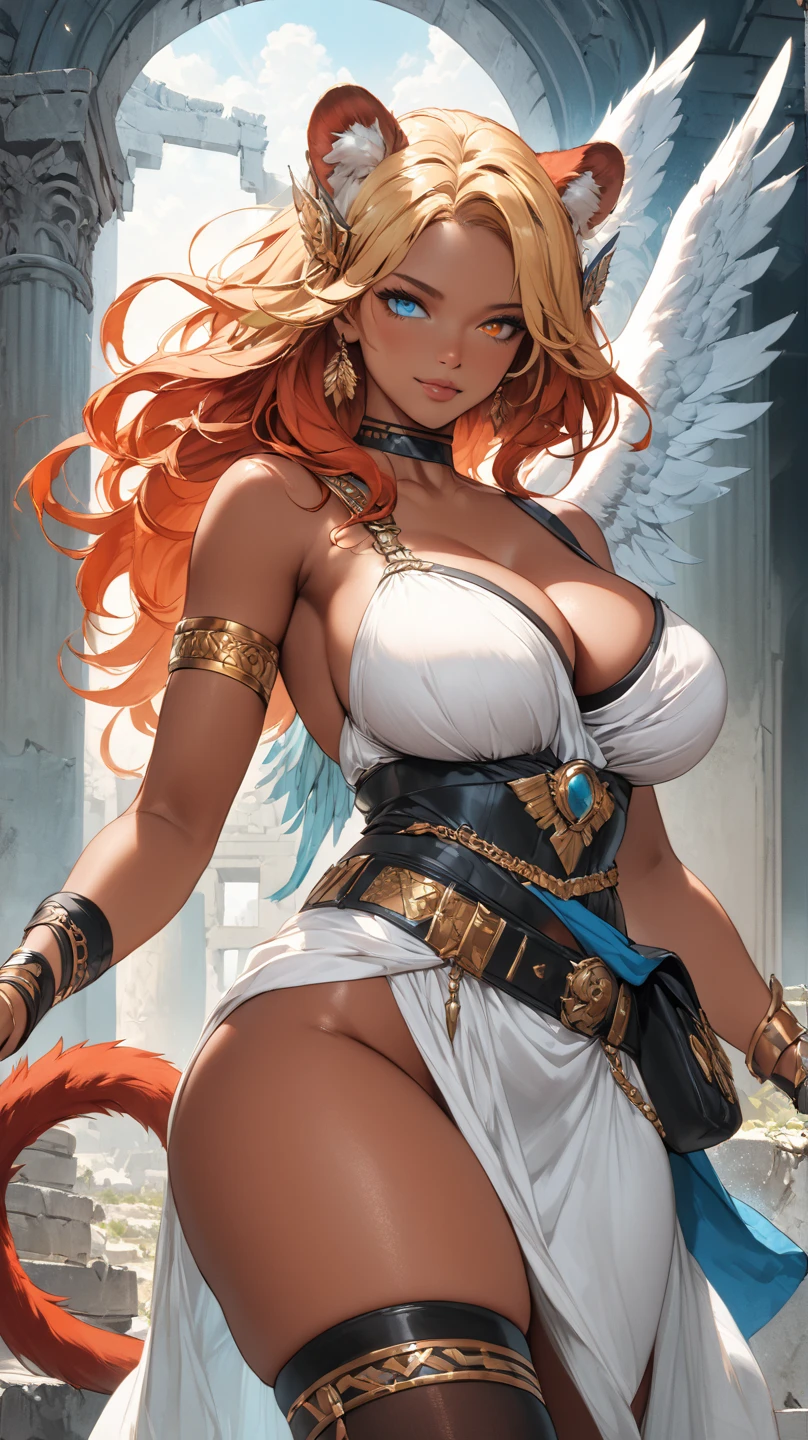 beautiful sun empress, detailed cat eye makeup, detailed face, detailed skin, mature body, tall body,  body, medium big , desert and pyramid backgrounds, detailed sky, highly saturating sunbeams, holy ceremony, angelic halo, golden and orange spark dazzling around, holy magic circle, golden crown , golden magical lightning, best quality, masterpiece, trending on Artstation Detailed, Realistic,4k highly detailed digital art,octane render, bioluminescent, 8K resolution concept art, realism, by Mappa studios, masterpiece, best quality, (1girl), official art, illustration, ligne claire, (cool_color), perfect composition, absurdres, fantasy, focused, (clear clothing, transparent cloth, see-through material), ((())), ((red hair, freckles, , , underboob)), thick but fit, blend of Natalie Dormer and Zendaya, silk robes, detailed castle background, 25 yo, natural, amazing body, pronounced feminine feature, speaking, laughing, festival, (((no panties))), thigh gap,