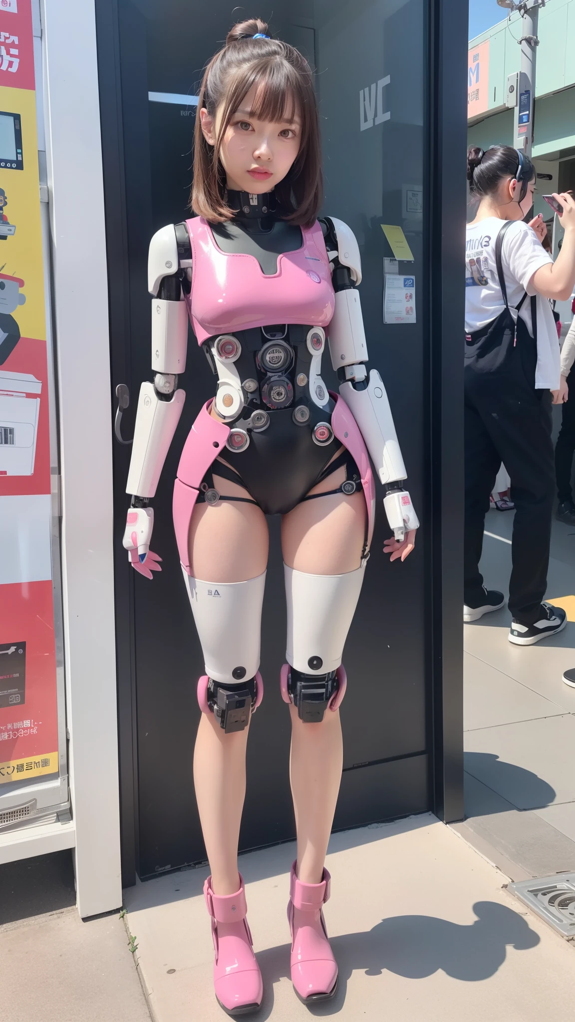 robot girl, pink there, Silver, Metallic body, Robot Parts, Metal Parts, Super Detailed Face, Super well-formed face, of the highest quality, a small face, a small head, Brown hair, slender body, Camera gaze, Internal Mechanical Exposure, Idol, Well-proportioned body, gravure, Photo session, Akihabara, Moe Pose, Standing with legs open, Model body type, sad, Embarrassing,(Perfect Robot Girl),(Perfect machine body)