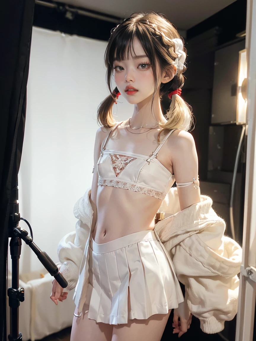 white t-shirt, Black Tulle_skirt, belly button visible, 1 Korean beauty,  (Perm Hair Curly:1.2), (from above), (on_stomach:1.5) , (arms_behind_back:1.5), looking at the camera,