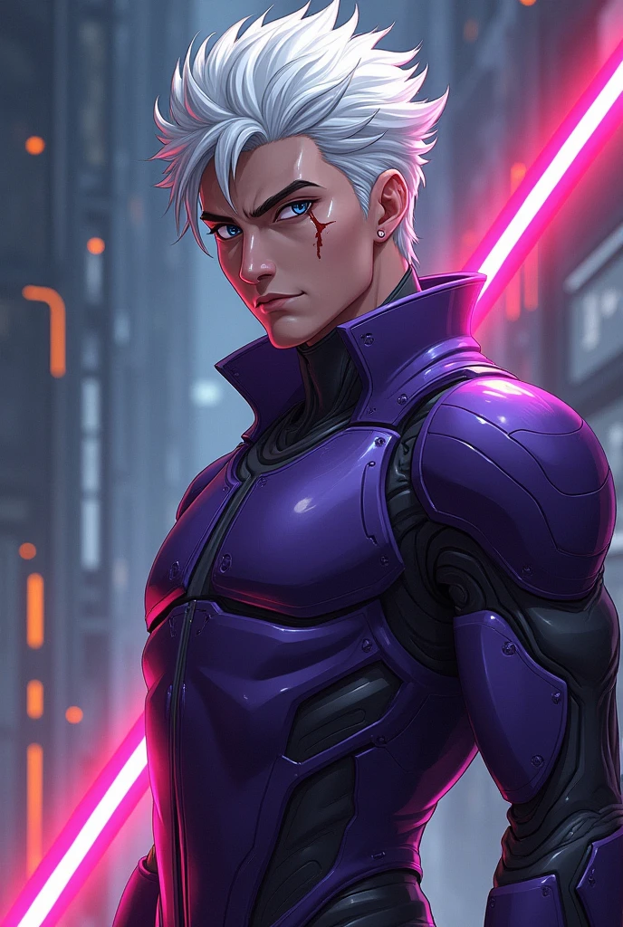 (melhor qualidade,ultra-detalhado,Realistic:1.37) Homem ninja cyberpunk, With Tech Weapons with Purple Color Palette, In space with a black hole in the background