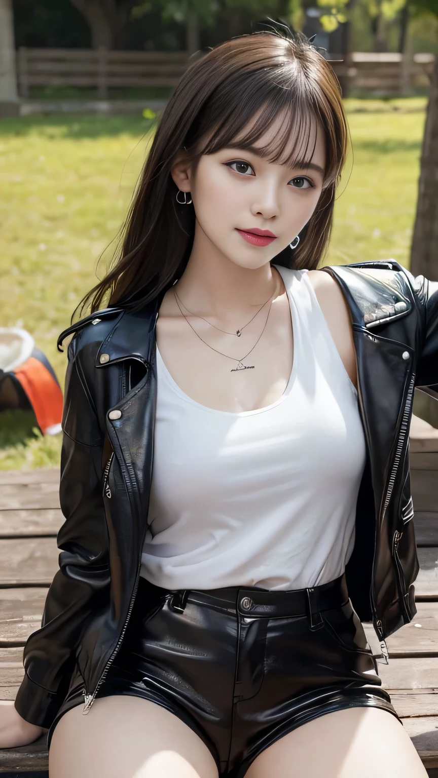 Innocent 20 year old girl、((Black leather shorts, White t-shirt and black leather jacket,Dramatic poses)),Smile,short-cut,Park background、Raw photo, (8K、top-quality、masterpiece:1.2)、(intricate detailes:1.4)、(Photorealsitic:1.4)、octane renderings、Complex 3D rendering ultra detail, Studio Soft Light, Rim Lights, vibrant detail, super detailing, realistic skin textures, Detail Face, Beautiful detail eyes, Very detailed CG Unity 16k wallpaper, make - up, (detailedbackground:1.2), shinny skin, Full body、From head to thigh、cleavage of the breast,((Sit on a bench with your legs open))