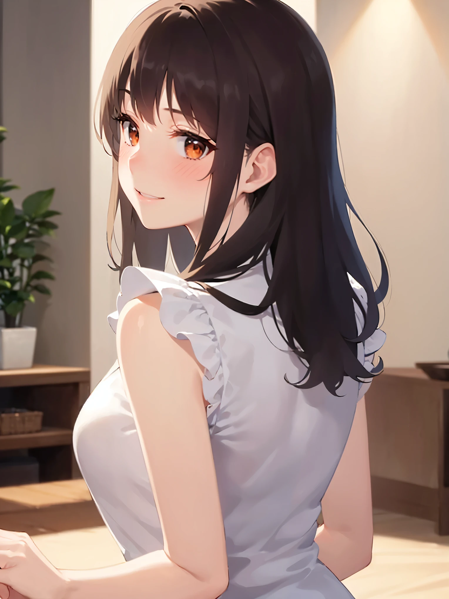 look back、Upper Body, Realistic, real person, (pale skin: 1.2), RAW photo, photorealistic, shiny skin, shiny hair、(A 25-year-old woman with medium-length hair and bangs) and (wavy hair) and (brown hair) and (orange eyes) , Wearing a white tank top 、smile, open mouth, The background is the living room、Alone、Are standing