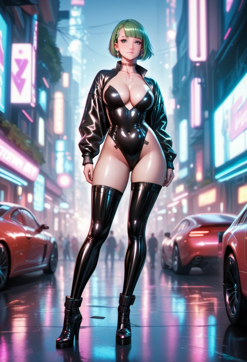 cyberpunk girl,(((1 girl))),((cute and beautiful black haired girl)), (big breasts:1.4),saggy breasts,myself,((straight 髪:1.3, long hair:1.5, 重いbangs:1.5)),((bangs)),(((neon_rainbow_eye:1.3))),(((Glossy skin:1.5,bright skin: 1.5,tanned skin,shiny skin,とても shiny skin,shiny body,plastic glitter skin,exaggerated shiny skin,illuminated skin,wet feet))),(tight waist,wide hips,sports body,bulging legs,detailed body,(detailed face)), cute,slutty,erotic,((NSFW:1.3)), zettai ryouiki,disorganized,long legs,fine legs,cleavage,(((wet clothes,Very revealing, erotic and complicated costumes))), ((High leg:2.0)) (Hypnotized Poses:1.0),embarrassing,(in the center,Scale to fit,Rule of thirds), Cyberpunk city by the sea at night, with bright neon signs and dark stormy clouds and puddles, scenery:1.25, art photography,(Photo taken by sldr),High resolution, sharp focus, (super detailed, very detailed), (realistic artwork:1.37),(very detailed CG unity 8k wallpaper),((Synthwave background theme)),(((Bright colors))),(complex background),(masterpiece),(highest quality),