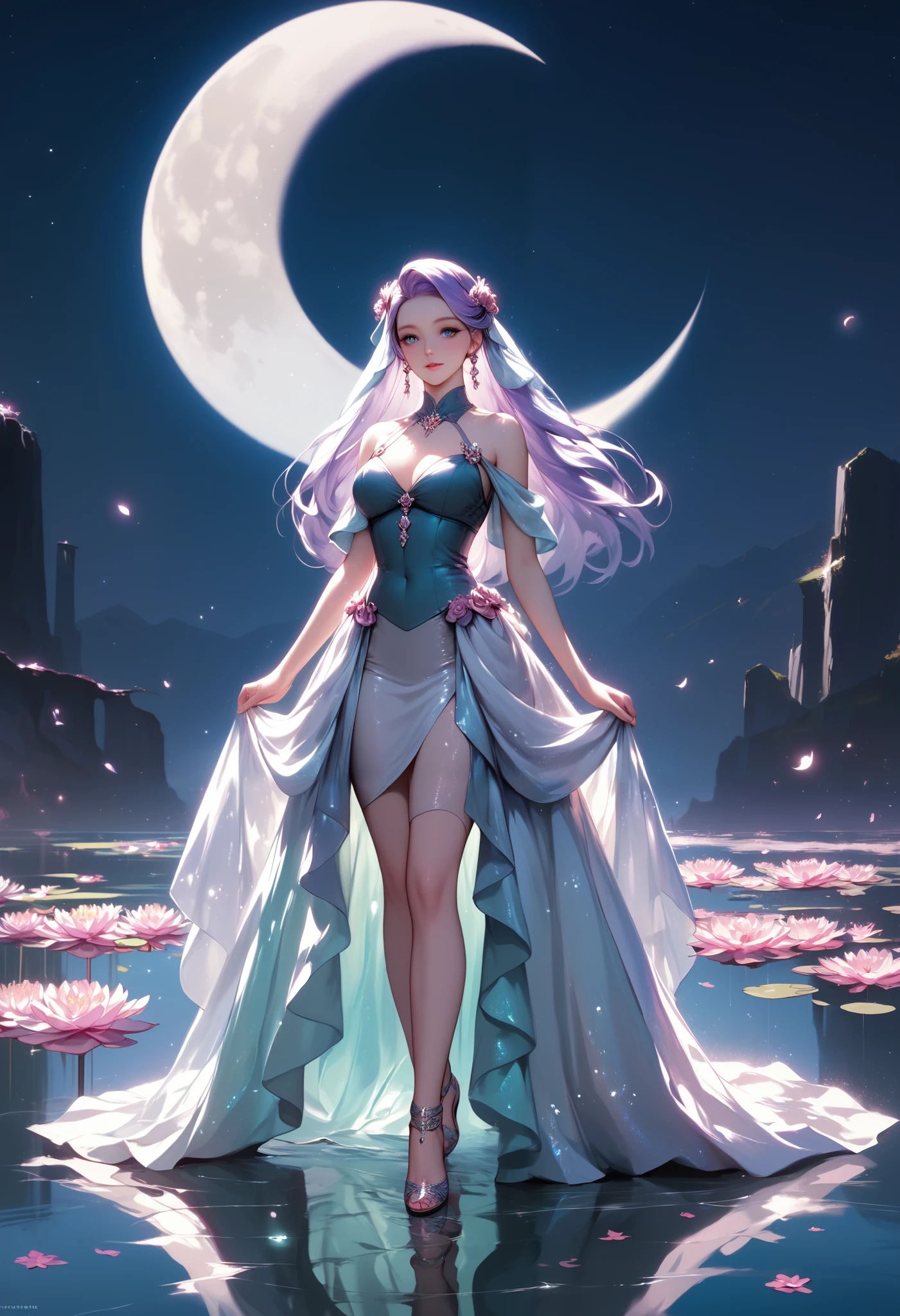 electro_style, masterpiece, best quality, newest, absurdres, highres, A romantic scene by a serene lake, where the bright, full moon casts its silvery glow on the calm waterâs surface. The moonâs reflection shimmers across the water, creating a mesmerizing, ethereal light. A graceful woman stands at the water's edge, her silhouette bathed in the soft glow of the moonlight. She wears a flowing, delicate gown that gently ripples in the evening breeze, adding to the dreamlike atmosphere. The scene feels intimate and serene, evoking a sense of peace and longing under the vast, starlit sky