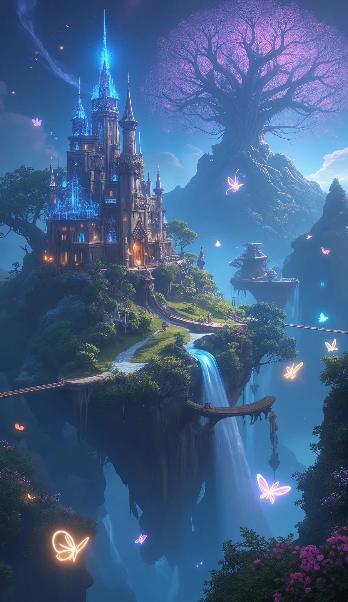 A magical dreamland with a grand enchanted castle resting atop a floating island, surrounded by massive, ancient trees with glowing leaves. Smaller floating isles hover nearby, connected by ethereal light bridges, each featuring lush greenery and vibrant flora. Luminescent butterflies dance gracefully in the air, leaving trails of sparkling light behind them. The castle shimmers with a mystical aura, its spires adorned with intricate carvings and glowing runes. In the distance, a towering, colossal tree with branches reaching into the heavens dominates the skyline, its trunk pulsating with magical energy. The sky is a mesmerizing blend of deep blues and purples, filled with swirling nebulae, radiant stars, and floating orbs of light. A cascading waterfall flows from the floating islands, creating streams that glimmer with iridescent hues, completing this serene and fantastical landscape,