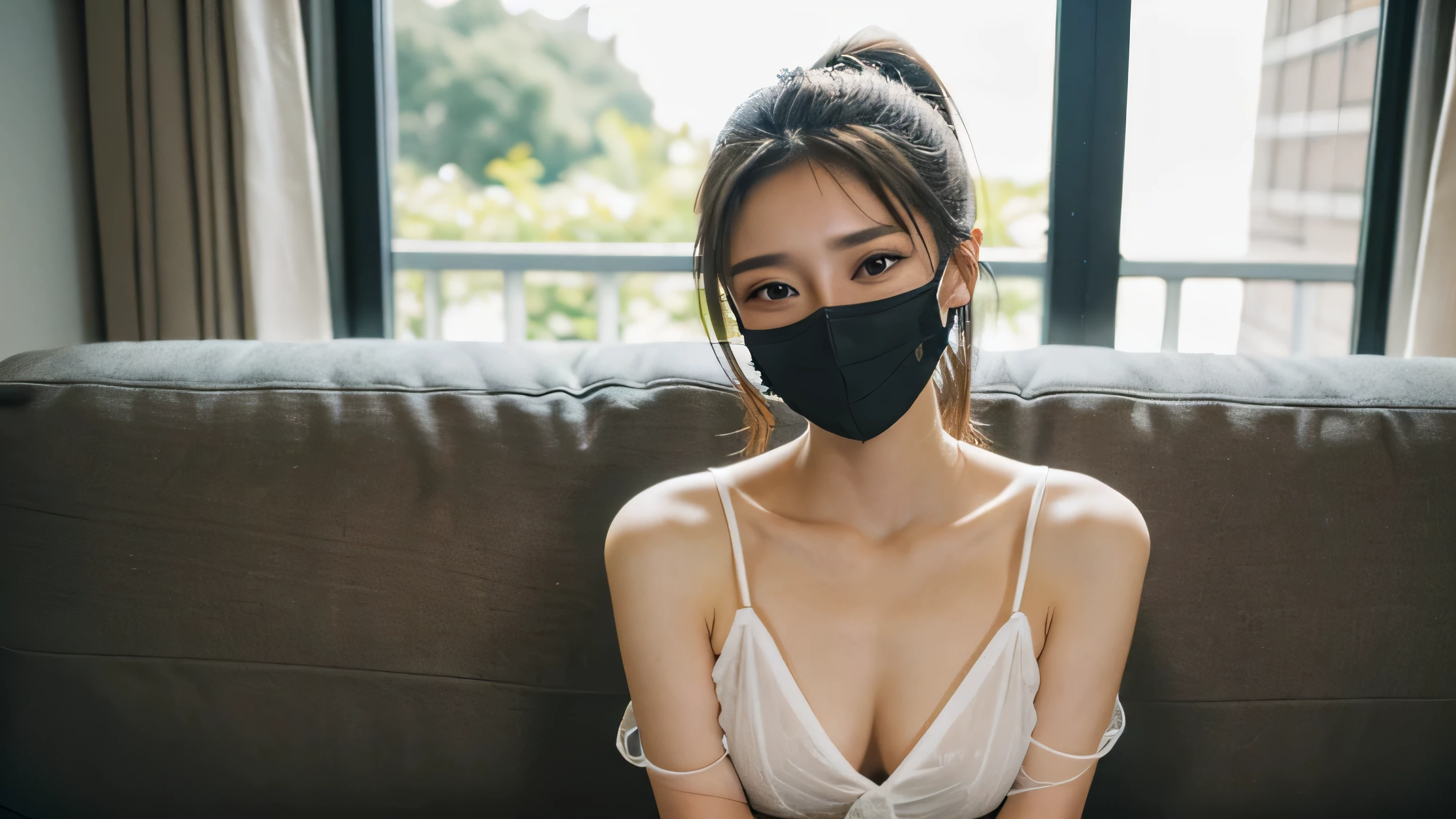 AIBeauty、M-shaped leg opening prompt、Prompt to open your legs、Prompts to push the breasts together and emphasize the breasts、Erotic、naked、See-through、Real Beauty、Face masks、Dark blue hairstyle、Cafe Kissa Prompt、Coffee shop、clerk、Panty shot while lying down