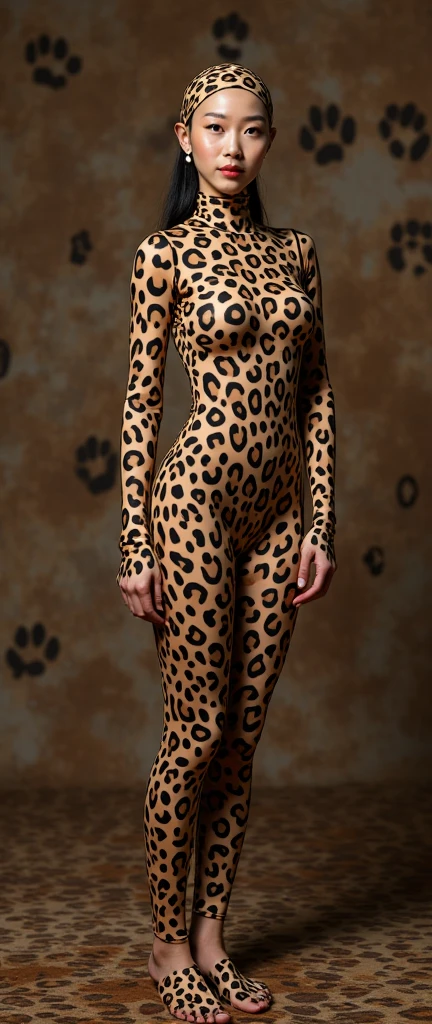 the 2 beautiful and thest Chinese adult girls with beautiful cheeks wear leopard print lycra footed turtleneck unitard catsuit covered with black leopard patterns.She always wear leopard print lycra elastane stretchy dancewear hijab-like zentai hood.She is take part for contortion.She is my beautiful contortionist in the world.
