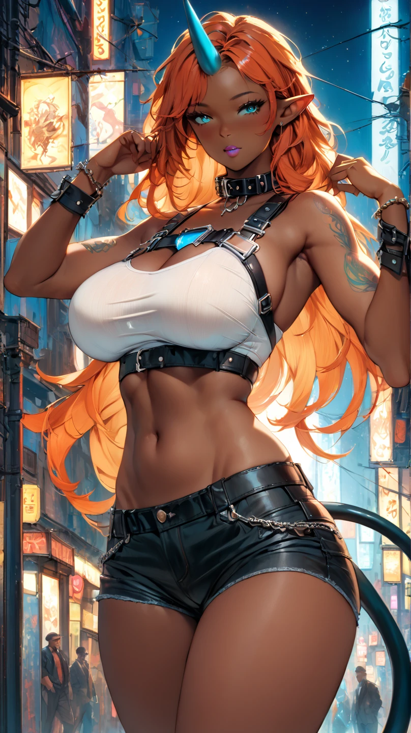 (best quality:1.5, highres, UHD, 4K, detailed lighting, shaders), orange curly floral haired, gradient hair, large breasts, transparent suit, transparent T-shirt, transparent social shirt, short skirt, mature woman , (pov), white background, colorful eyeshadow, dramatic lighting, sparkling eyes, sensual expression, golden earrings, flowing hair, delicate facial features, dark skin, high cheekbones, urban setting, black background, dont look for the camera, lean forward, behind the camera