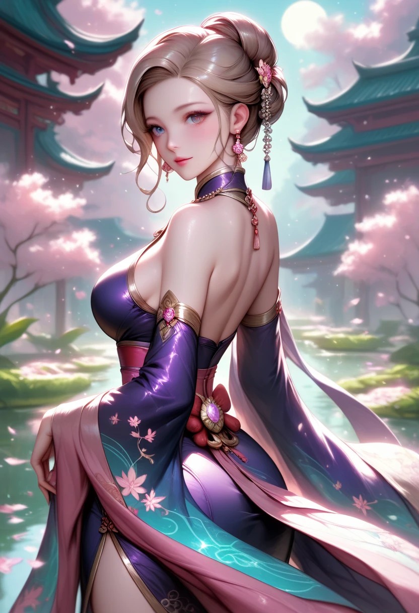 Young woman with pink and green hair with green eyes, with a background of the moon and a big cherry tree 