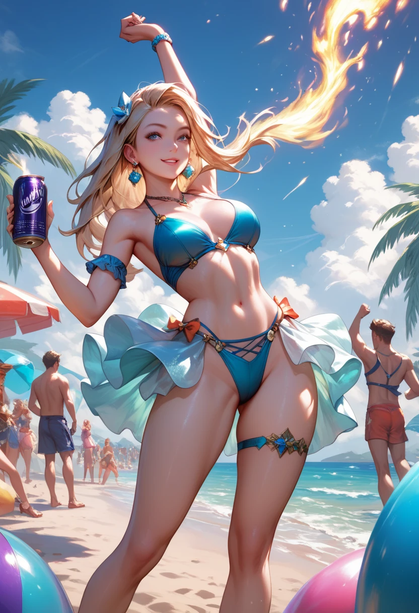((Highest quality)),(Ultra-high resolution),(Super detailed),(Detailed Description),((The best CG)),(masterpiece),Highly detailed art,(Art with precise detail:1.5), (woman:1.7),(smile:1.3),(Gorgeous blonde hair:1.6),(Stylish sandals:1.3),(bikini:1.6),(Super High Leg Cut:1.5),Slim abdomen:1.1,(Side boob:1.9),(Bold cuts:1.7),Cleavage:1.6. Pouring Sunshine:1.7,everlasting summer beach:1.6, (Lens flare:1.6)