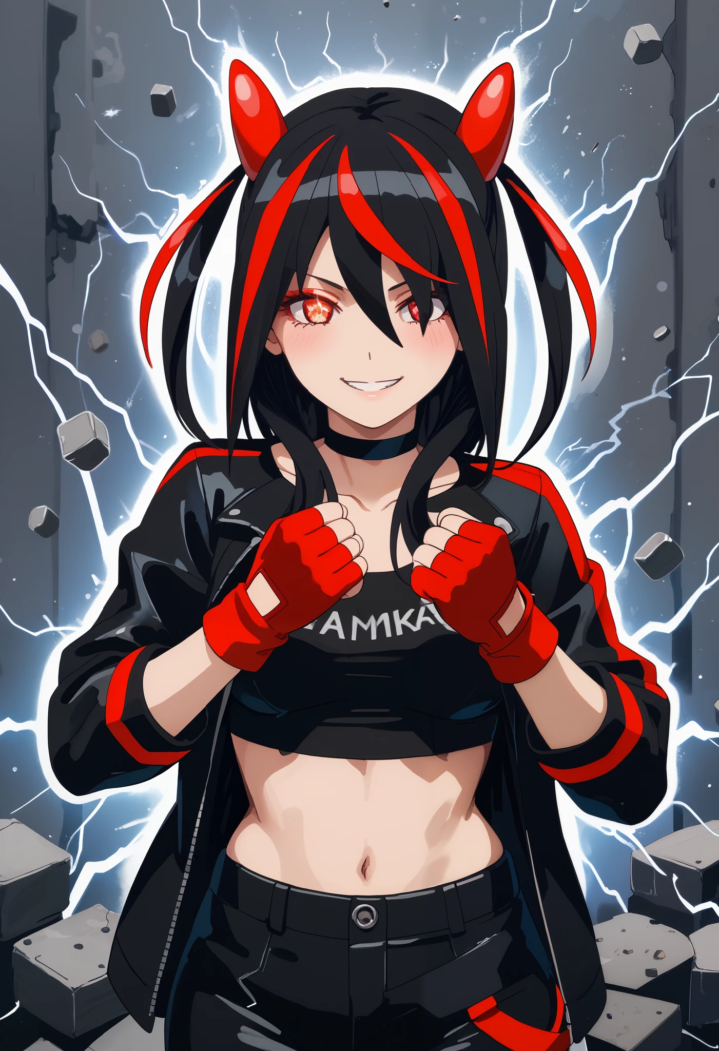Score_9, Score_8_up, Score_7_up, bright skin: 0.1, anime_source, deep skin, high quality, high resolution, (curvy), ((wide hips)), medium breasts, cute, sexy, 1 girl, BREAK HaneruEmi, HaneruEmi, long hair, black hair, red highlights, red eyeshadow, red eyes, spiky hair, hair between eyes, side locks, black crop top, open jacket, black leather jacket, horns, choker, gold bracelet, black leather pants, red gloves, fingerless gloves, red footwear, white footwear, two-tone sneakers, black stockings, abdomen, smile, incoming attack, incoming punch, clenched hand, glowing eyes, electricity, motion lines, dynamic pose,
concrete, abstract background, light particles, dust,