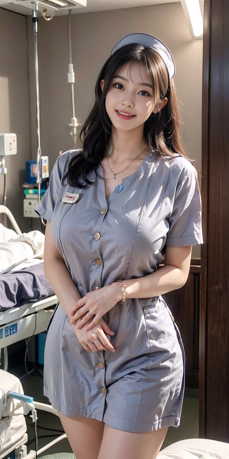 ((Highest quality, 8k, masterpiece, Portraiture: 1.3)), (Looking at the audience), Attractive mature woman, 1 person, A little thick:0.4,Light brown medium long hair、 (((Pure white nursing uniform))), (((Nurse Look)))、((White Uniform))、((Nurse cap))、((Large Breasts:1.1)) (Large pelvis:0.9), ((Are standing))、,Good posture、(((Strong afternoon sunlight shining through the hospital background)))、((((A gentle smile))))、A gaze that seduces viewers、(((Hospital room background)))、(((The first button is fastened)))、A good attitude、