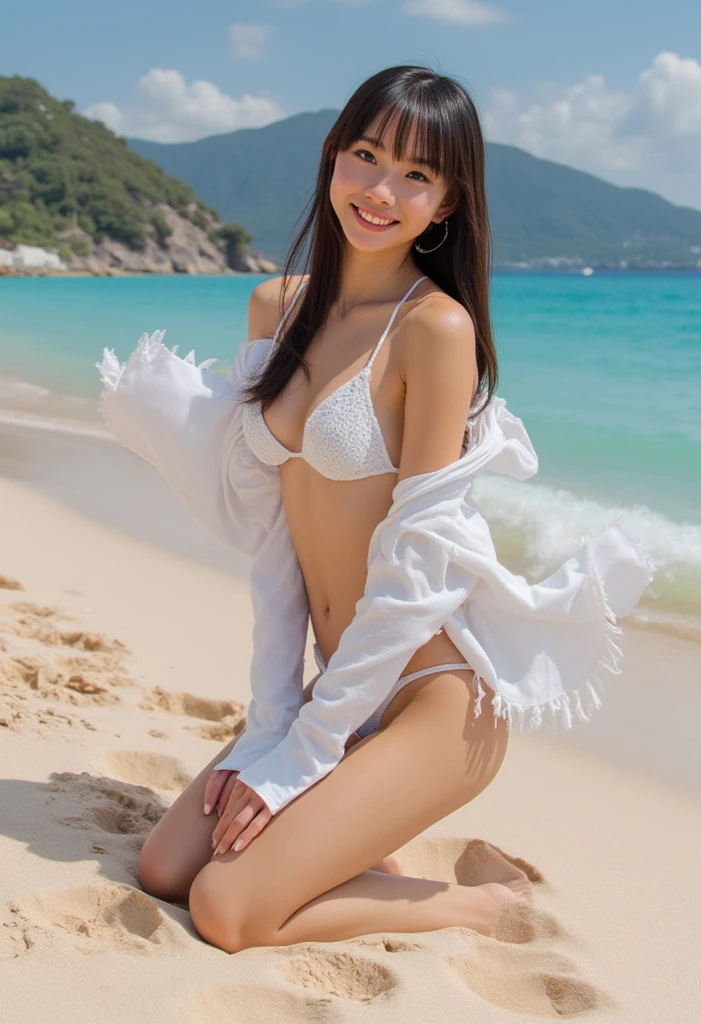 Top Quality, Soft Light, (Depth of Field), Ultra High Resolution, (Photorealistic: 1.4), RAW Photo, (Portrait: 1.4), (Frontal)
1 Japan girl, solo, cute, (shy, smile:1.1), (brown eyes), beautiful face, white lingerie, full body, sea, beach, black hair short, wet body