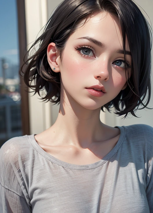 (UHD, Retina, masterpiece, precise, Anatomically_correct, Textured_skin, excellent_detail, High target_details, High target_quality, the best_quality, High target_The reservoir, 1080P, HD, 4K, 8K, 16K), (beautiful_detailed_Eyes, beautiful_detailed_Lips, extremely_detailed_Eyes_and_Face), (Soft_light:1.5), Physically based_Rendering, vivid_color, (Large target_breast:1.5,big nipples), (shining_hair, shining_skin, Tanning_skin, Face红), (Bangs:1.5), Eye_reflection, (Bokeh), (微lol_and_lol, Bob_cut, hair辮, White_see through shirt), Upper body photo。