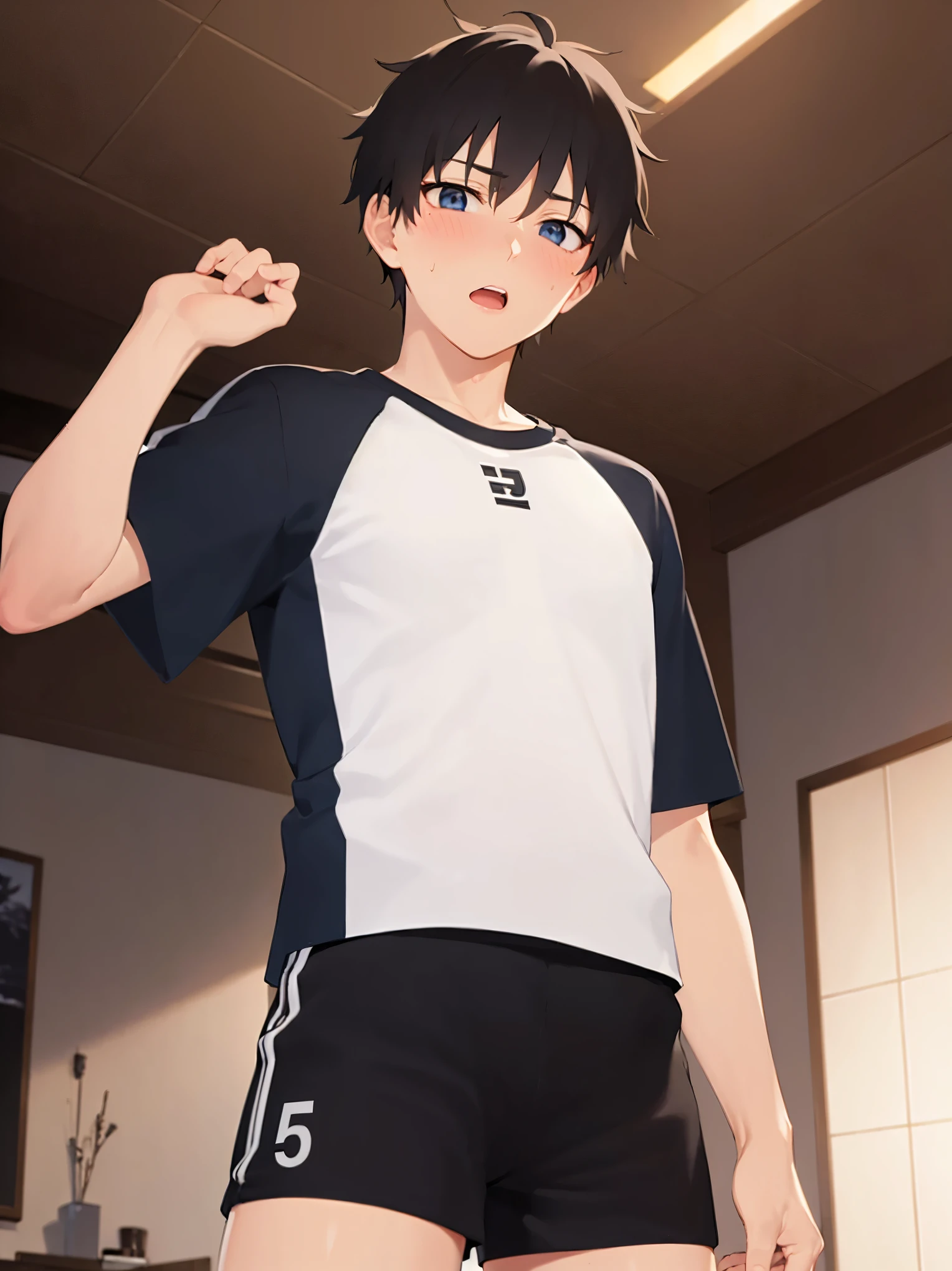 arms up、、masterpiece、highest quality、 (Short hair with brown bangs) and (Purple eyes) and (5 year old boy:1.5)、Boy, (white) and (T-Shirts)、smile、open mouth, Are standing、The background is the living room、The upper body is shown、Alone、
