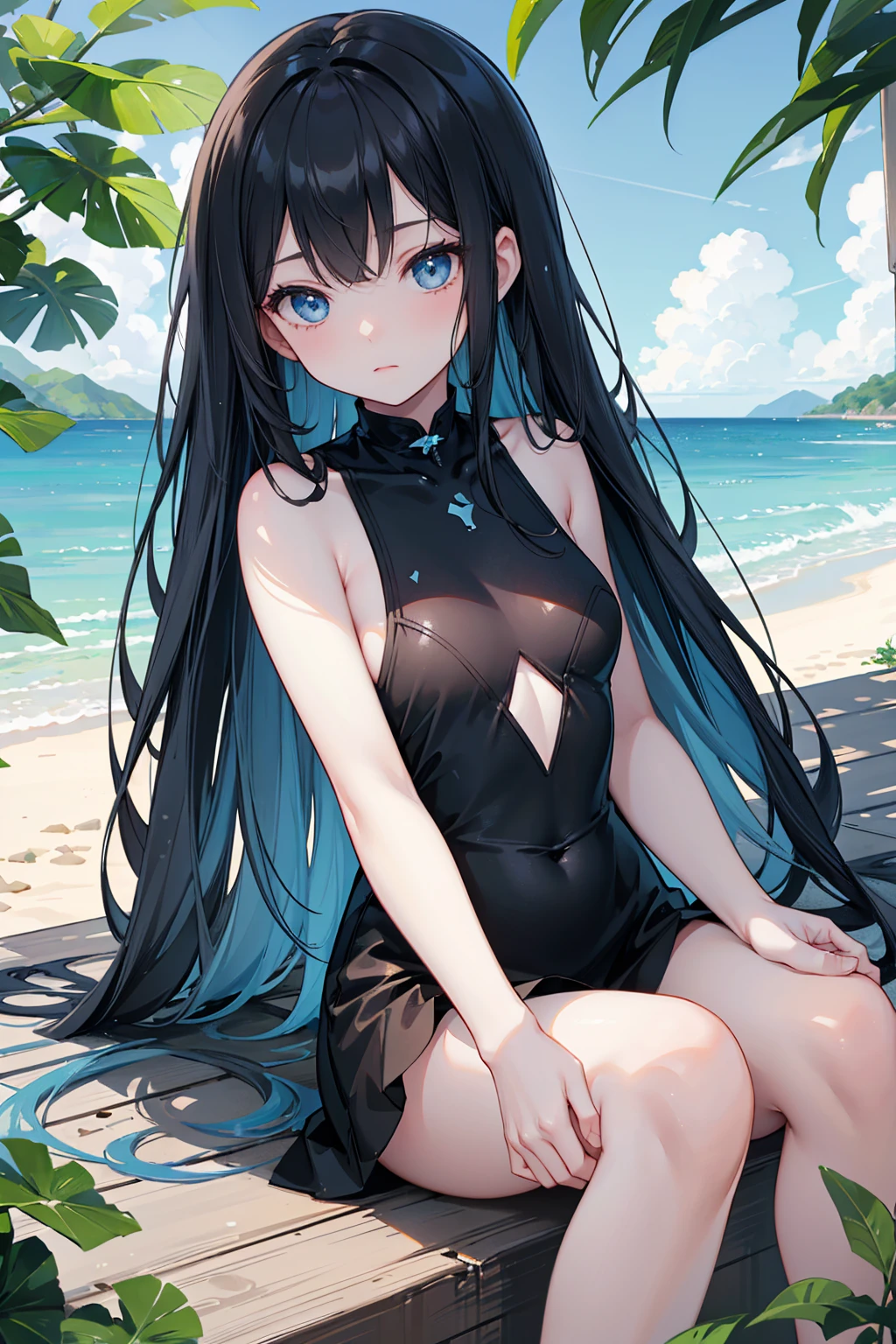 Put the girl in the center、Please clearly express the black hair and red eyes.。She is standing in a swimsuit、She is smiling broadly and showing me a piece of white paper.。The background is blue sea and sky、Let the sea shine with the reflection of light。I&#39;ll put text on the white paper later.。In high quality、Please draw every detail clearly。In particular, please enrich the color expression of the girl&#39;s black hair and red eyes.。The blue sea and sky in the background、With realistic light reflection and texture、Let it shine beautifully。The girl&#39;s big smile、Please express yourself emotionally。Overall it will be a masterpiece、Please pay close attention to every detail