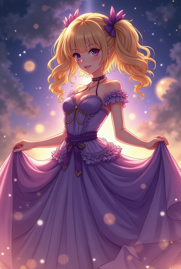 Anime girl of with light blonde hair and red ruby eyes, with a purple dress. Full body, with ethereal effect
