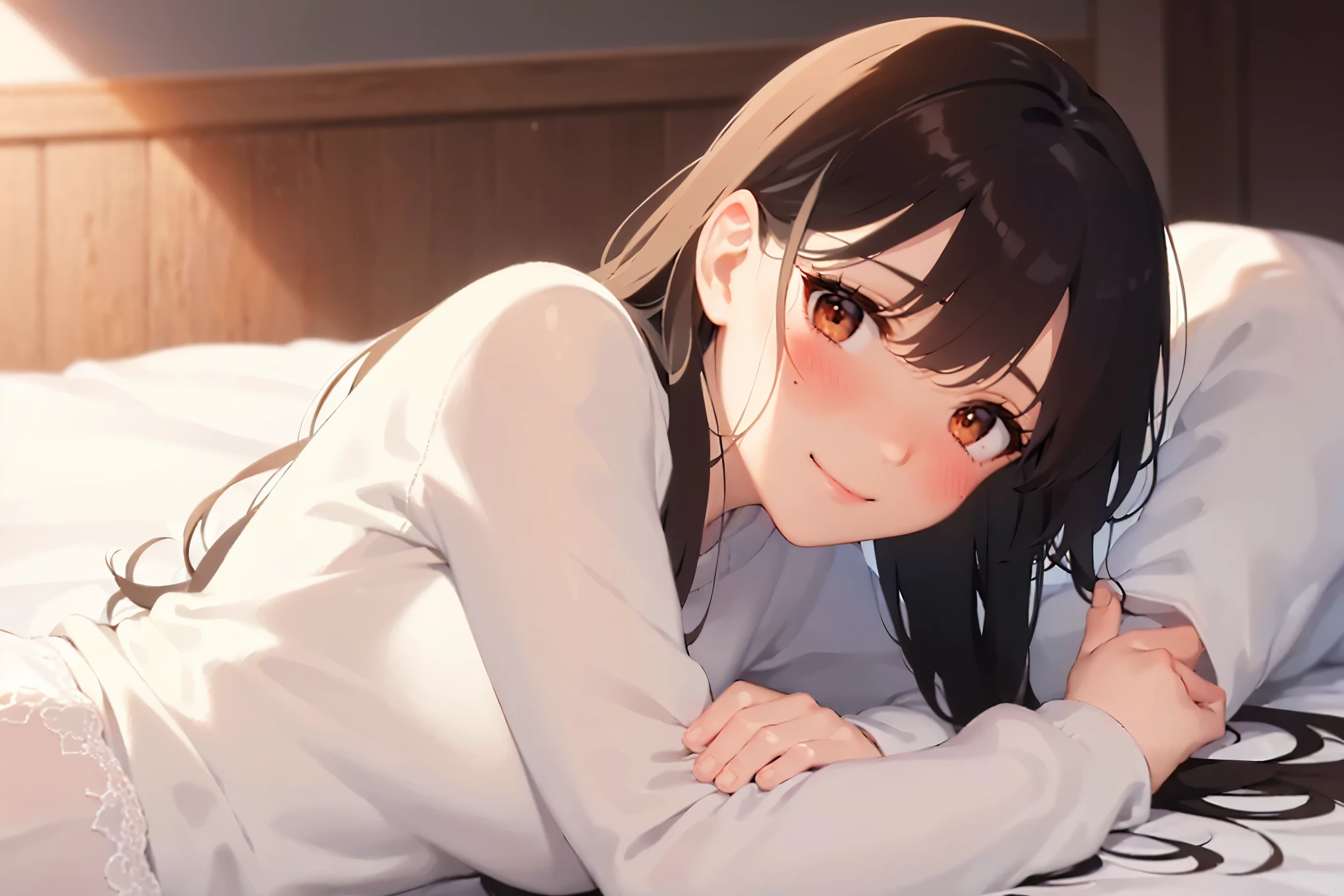 Black hair that looks brown when exposed to light、Brown eyes、girl,19 years old、shining brown eyes、smile、Open your mouth、bedroom、Beautiful white duvet、Gentle lighting、Use the bed as a chair、1 person、Around 11 p.m.