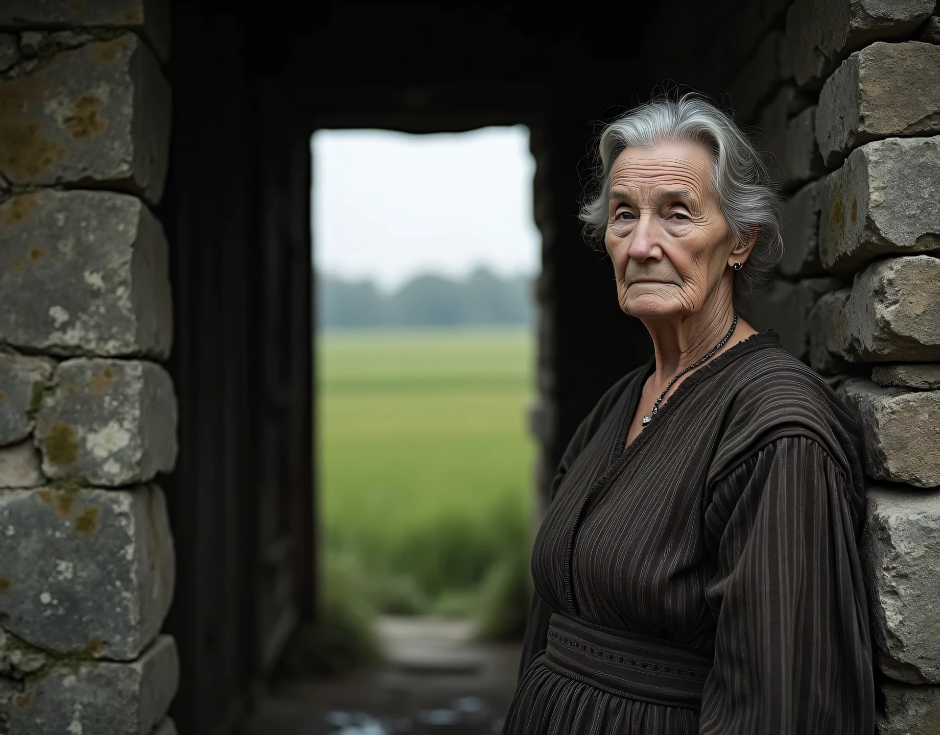 A professional black and white photograph of an 80-year-old woman posing in the doorway of a humble stone dwelling in the countryside. The woman is wearing a peasant dress and has grey hair, looking seriously at the viewer. The house is a rustic, moss-covered, stone building typical of Eastern Europe. The scene is set on a cloudy day with a dark composition. In the background is a vast green field, captured with a shallow depth of field. The overall image should evoke a dramatic and organic composition, resulting in a masterpiece that highlights the raw and authentic beauty of the setting. Wide angle.
