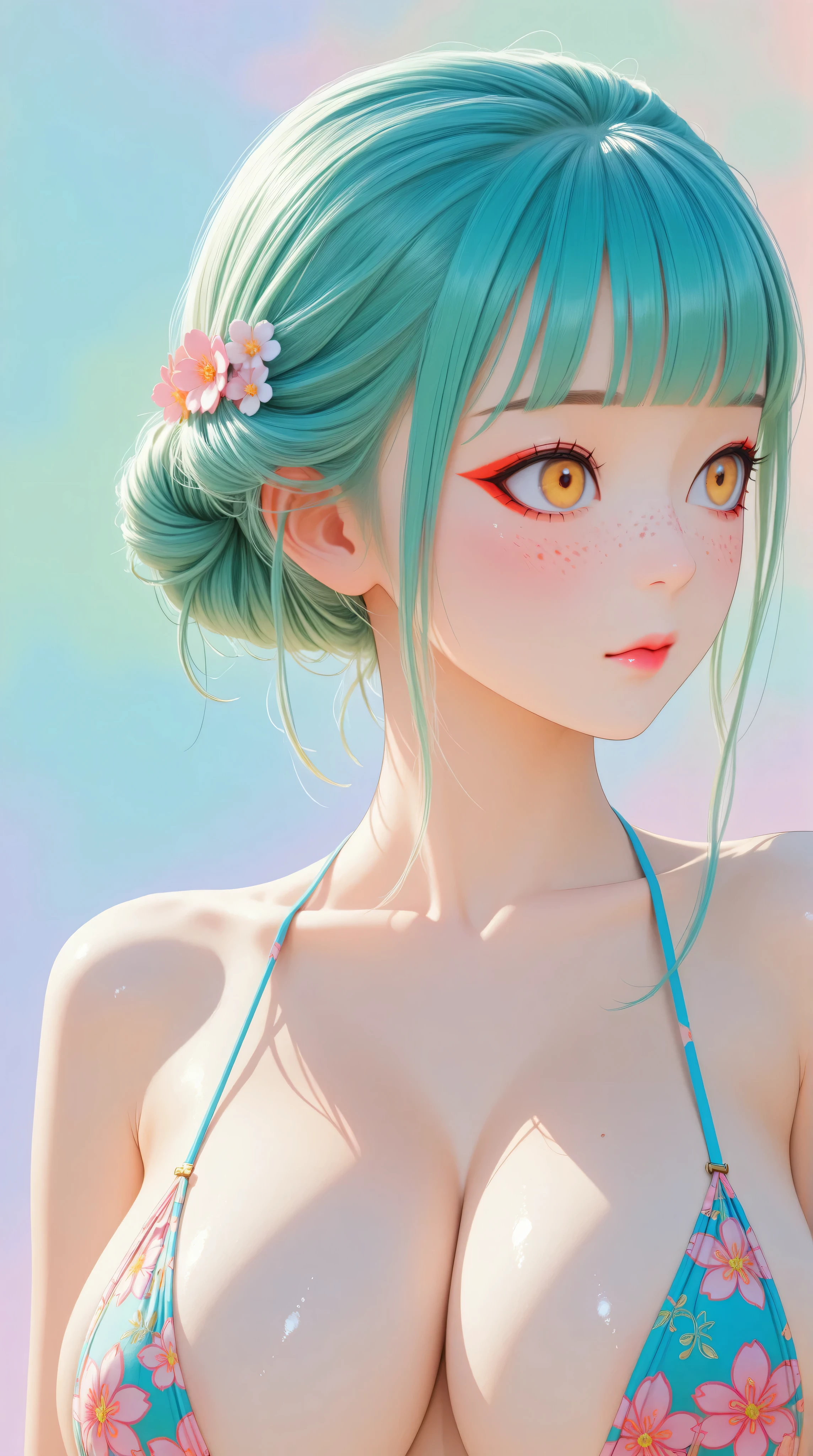 80’s glam rock makeup on shiny android face, anime, 2.5D, Glittery face, A mesmerizing surreal illustration of a young japanese woman. She has pastel green hair with blunt bangs, yellow eyes, and wears a vibrant pastel colored outfit adorned with intricate floral patterns. Freckles dot her smooth, warm complexion, and bold, colorful tattoos cover her arms and legs. The tattoos feature traditional Japanese motifs like flowers and mythical creatures, rendered with meticulous detail in a pastel color palette. The background is a vintage floral-patterned wallpaper that complements the artwork's colors. The line work is precise, with delicate shading that gives the illustration a 3D quality. The artwork fuses modern illustration techniques with traditional Japanese aesthetics, resulting in a visually striking, portrait, (eyes looking off to side), Highly detailed, Amazing work,Vitreous luster, blues, purples, pinks, Best quality at best,shiny skin, no background, colorful background, green background, pink background, purple background, blue background, plunging neckline, sexy pose, dynamic pose, heavy blushing, huge breasts,