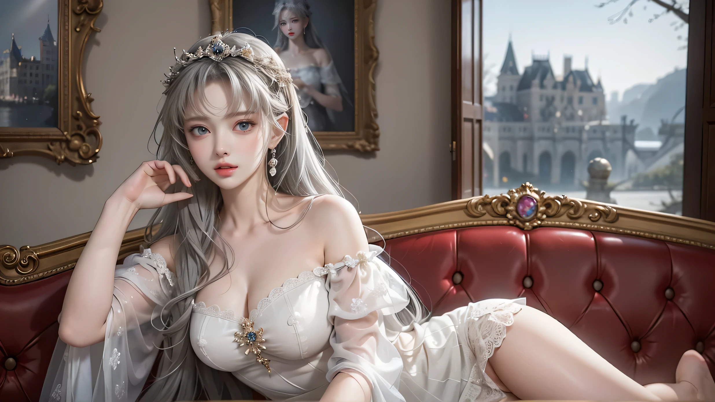 ( girl sitting on the sofa in the castle's large hall)、 beauty、One personの女の子、One person、 long hair、Viewer、smile、 blue eyes、 hair ornament、、gem、Gray Hair、 close your mouth、 dull bangs、Manicure、 bracelet 、lips、 gray eyes、 portrait、Red nails、close、赤いlips、 holding hands on face 、 Place your hand on your cheek、()、(Glowing Skin)、(( European castles are hazy ))、( off-the-shoulder white dress with a floral pattern )、((Girl with legs spread slightly ))、( legs are spread out )、(( white panties are visible ))、