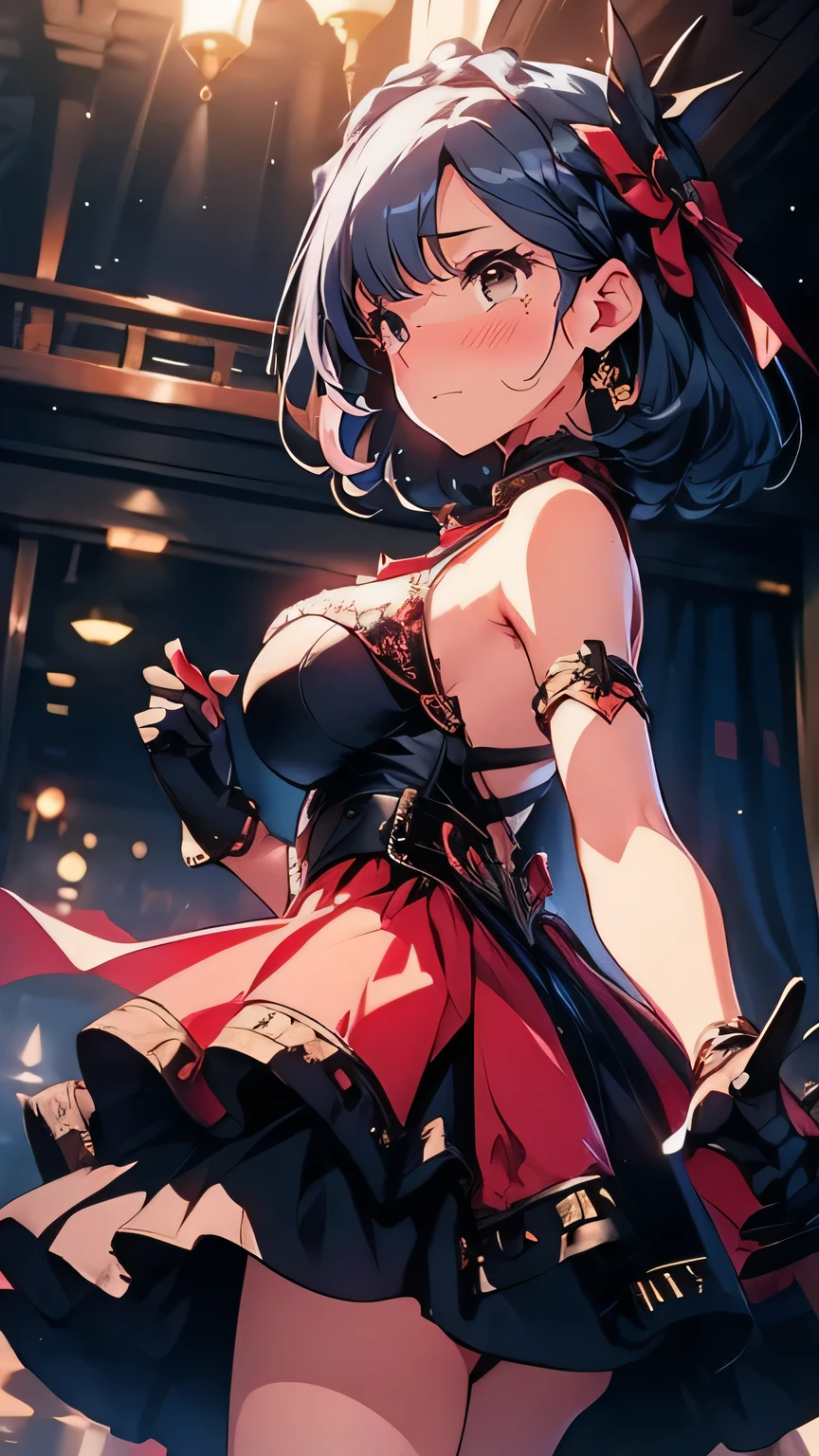 A female idol pointing at the camera with her hands on her hips。Fancy costumes。Angry。