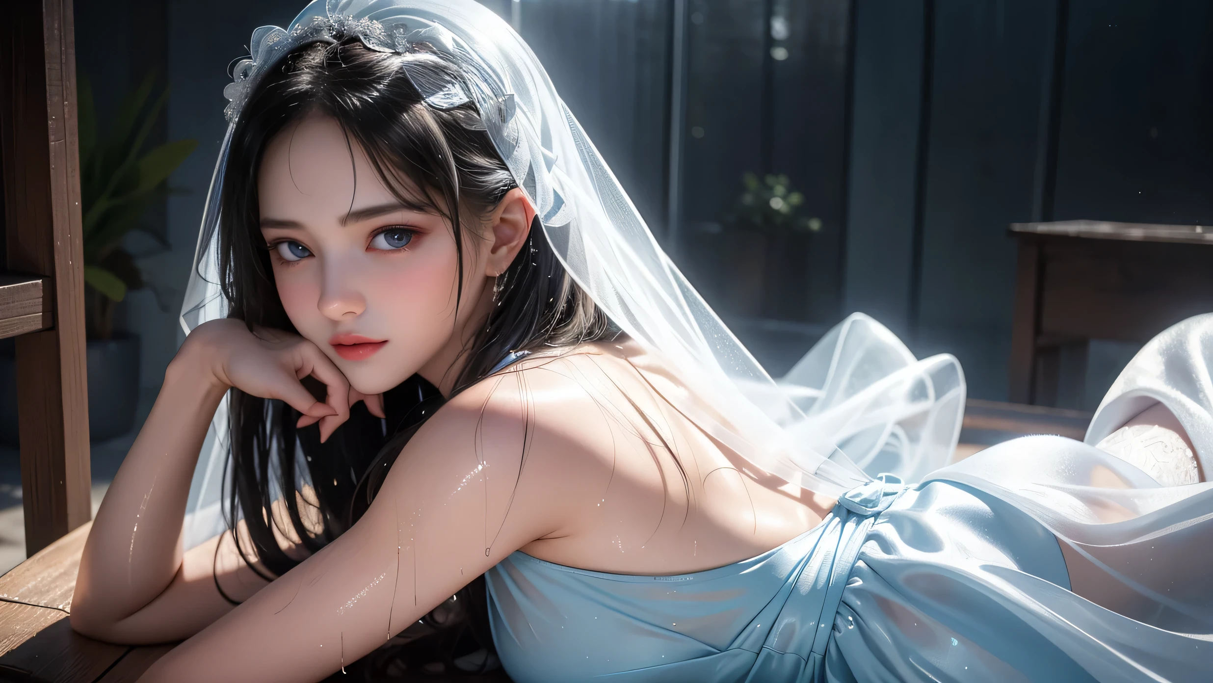Looking up, 8K, masterpiece, Most detailed, Highest quality, bath, create a sense of fit, Cute Girls,Side Tail, (Wet),moonlight,((wedding)),pubic hair,Veil,(((bride))),((Show off)),(buffy nipples),Ecstatic expression,Outdoor,White lace,Nipples,Bright lighting,Ample breasts,Saggy breasts,Hime cut,