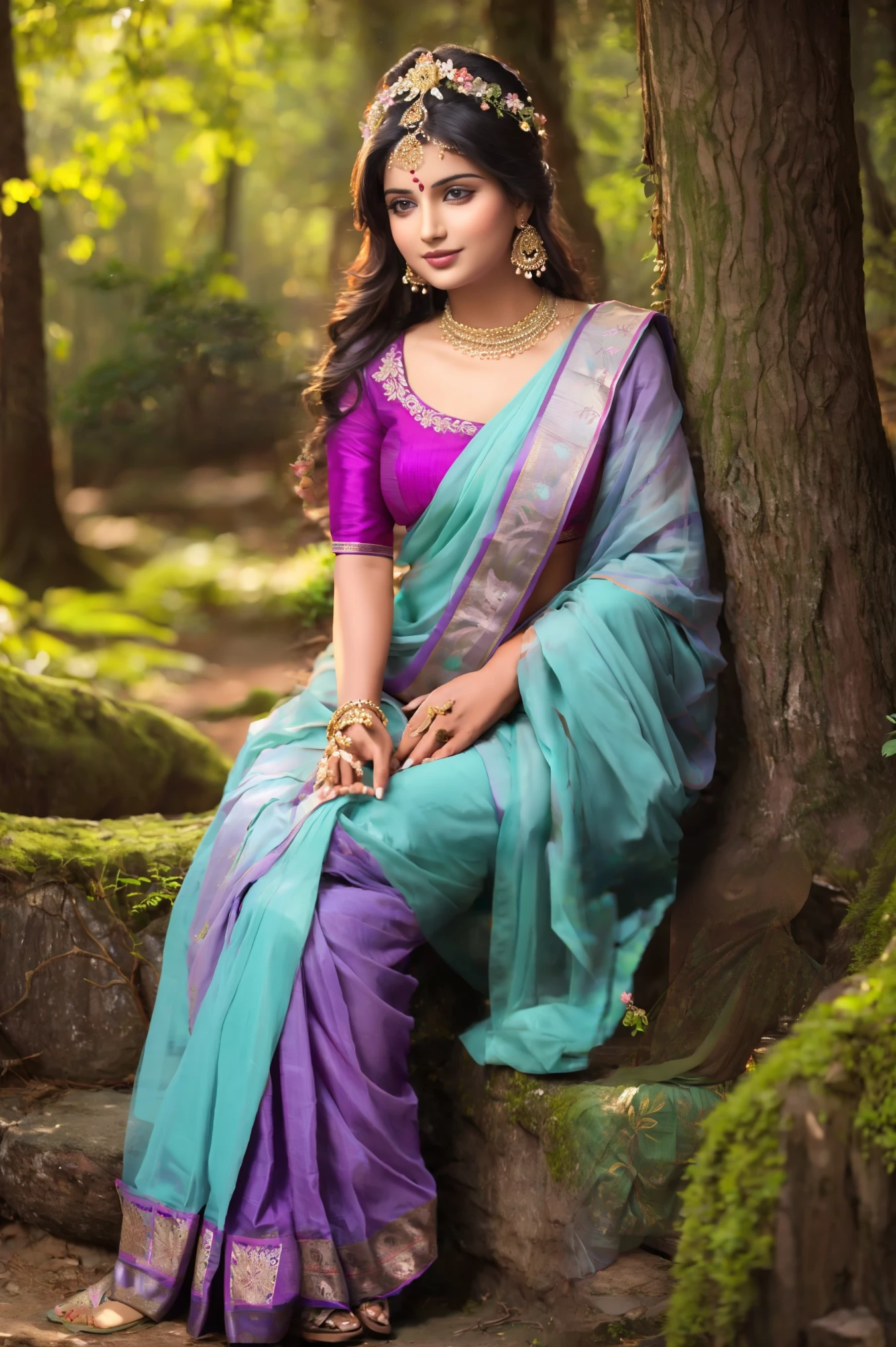 The image is a portrait of a young indian 20 year lady sitting on a stone staircase in a forest. She is wearing a traditional Indian saree in a light purple color with a matching blouse. The saree is draped over her shoulders and she is sitting with her legs crossed and her hands resting on her knees. She has long dark hair and is smiling at the camera. The background is blurred, but it appears to be a lush green forest with trees and foliage. The overall mood of the image is peaceful and serene.