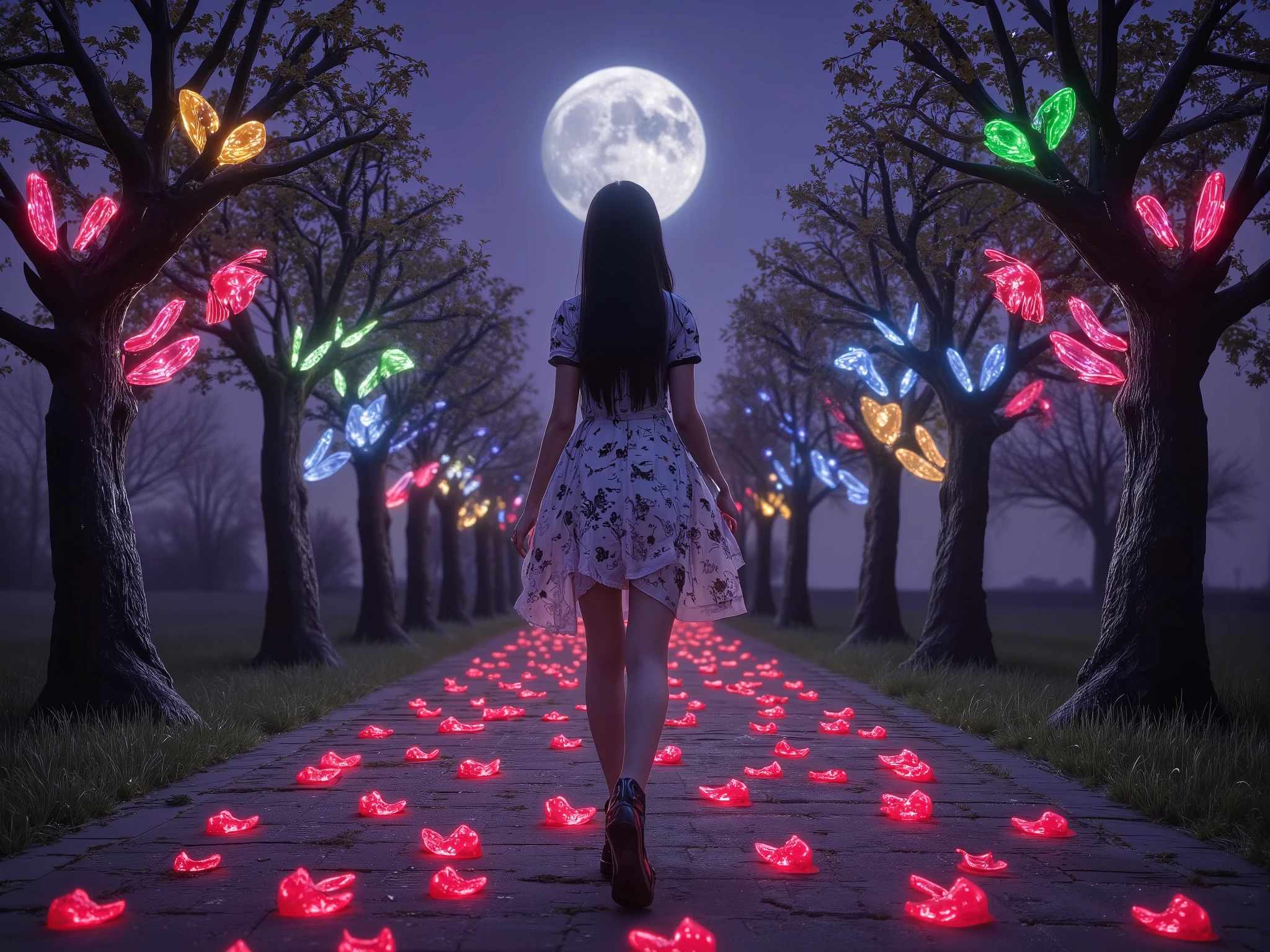 A cute woman (summer dress. cute), mystified, she is exploring a dreamland. Bioluminescent trees of various colors glow by the sides of a road paved with ruby red glass hearts. show her from head to toe. the moon has a friendly face. night time. glowing miniature chinese dragons of various colors swim in the air near the road