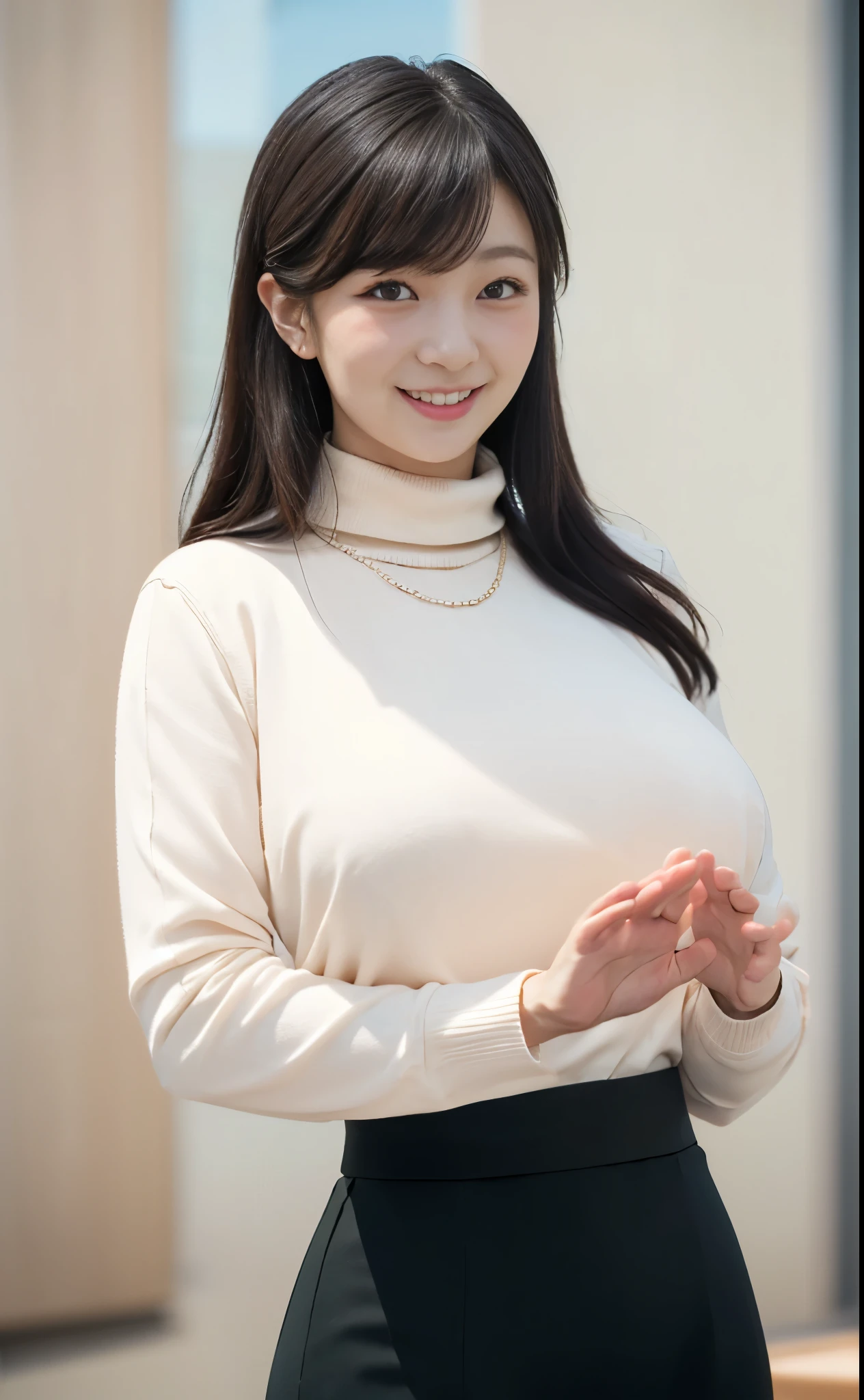 ( best quality , Masterpiece, photorealistic , ultra detail, super high resolution , born:1.3), 1 Female, beautiful, Japanese , TURTLENECK KNIT, pencil skirt , (huge breasts:1.5), smile, long hair, bangs, high waist with her, necklace, Town Town , from side,