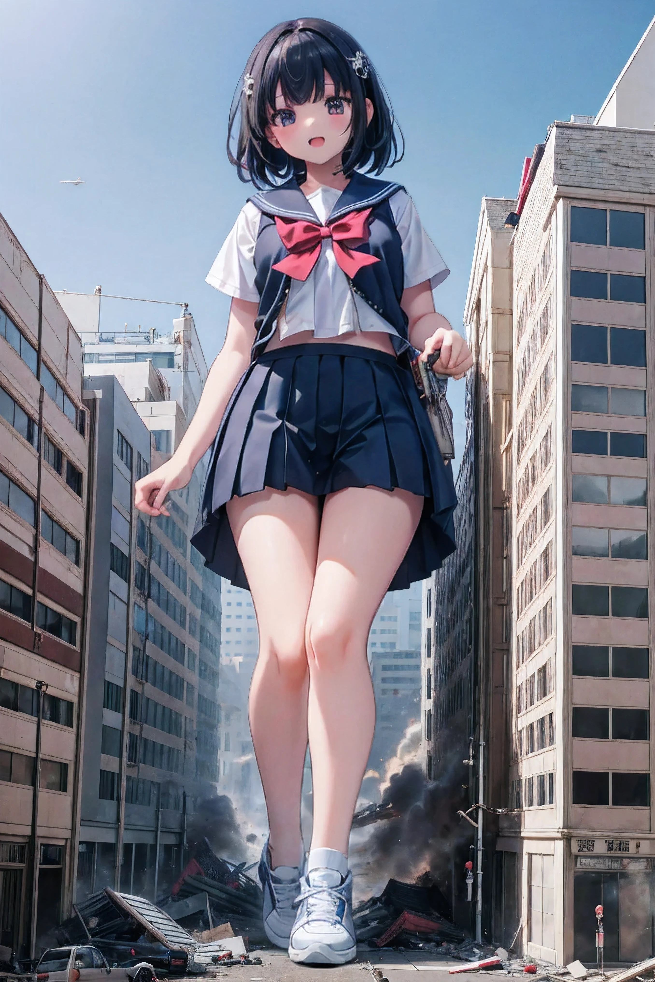 Huge high school girl , wearing sneakers , sailor uniform, A city toy smaller than an ant , masterpiece、 top quality、Female Giant、Female Giantのイラスト、 Smile、 Open Mouth 、 beautiful 身体、 Beautiful 、Anime Illustrations、 A small building destroyed at the foot 、vest、 shorts、 low angle、Walk、 imminent 、 I can see my feet 、 Draw a tall woman、Female Giant、 hands on the waist 、Female Giant、 A destroyed town 、 A small destroyed building area 、Smoke rises、Fugitive 々、Destructive illustration