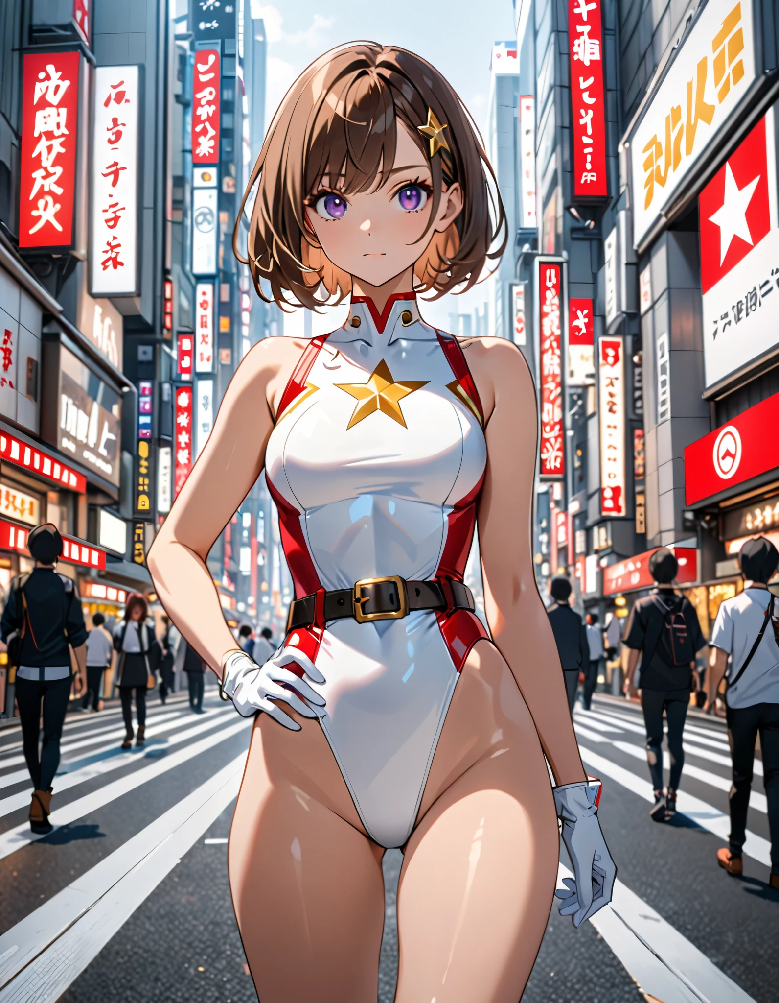 (masterpiece), (best quality), (high res), medium breasts, ((leotard, white and red leotard, matching leotard, sleeveless, bare legs)), ((tight belt, gold belt)), ((boots, matching boots, ankle-high boots, white boots)), ((gloves, white gloves)), city backdrop, tokyo city backdrop, solo, solo focus, (full body), cowboy shot, flying like a superhero, superhero, ((beautiful detailed eyes)), ((gold star symbol on chest)), (brown hair, medium hair, bob hair, purple eyes), (perfect hands, perfect anatomy), cowboy shot, ((beautiful detailed eyes)), full body costume design.